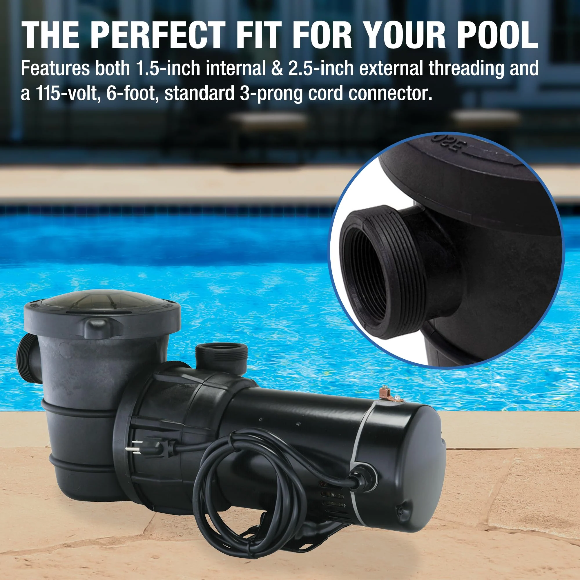 Doheny's 1 HP Above Ground Swimming Pool Pump | 115V, 75 GPM (0.9 THP) | Stainless Steel Shaft, Reinforced Thermoplastic, Low-Noise, High-Efficiency | 1.5" Internal & 2.5" External Threading - Image 6