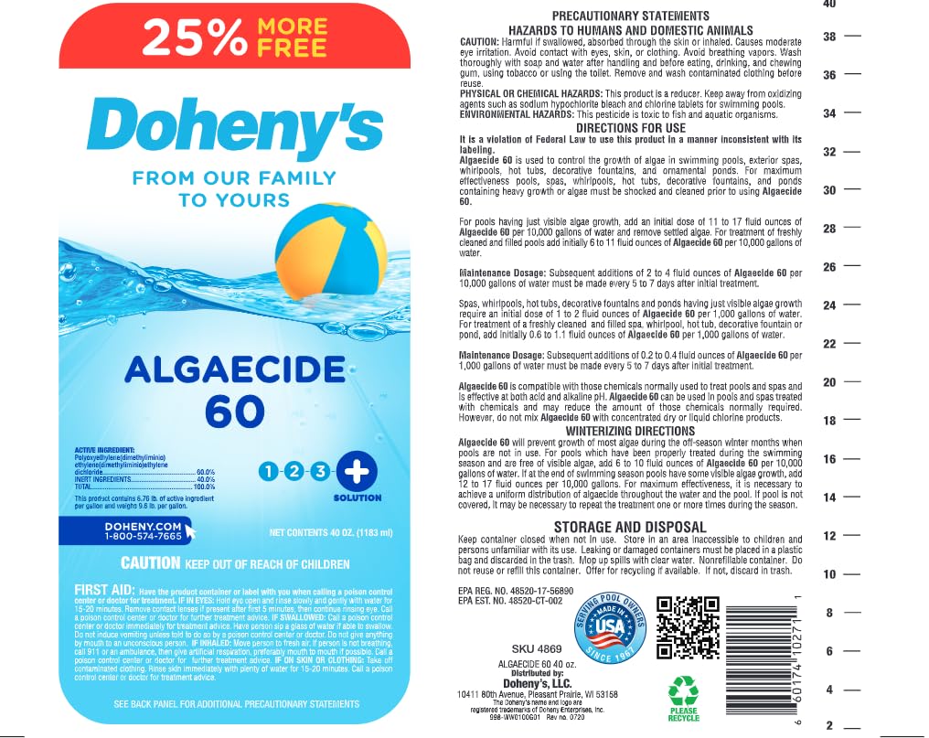 Doheny's Algaecide 60 | Pro-Grade, Metal-Free & Non-Foaming | Prevents All Algae Types | No Stains, No Clouding | Safe for Salt, Chlorine & Bromine Pools | Treats 160,000 Gallons | 40oz - Image 2
