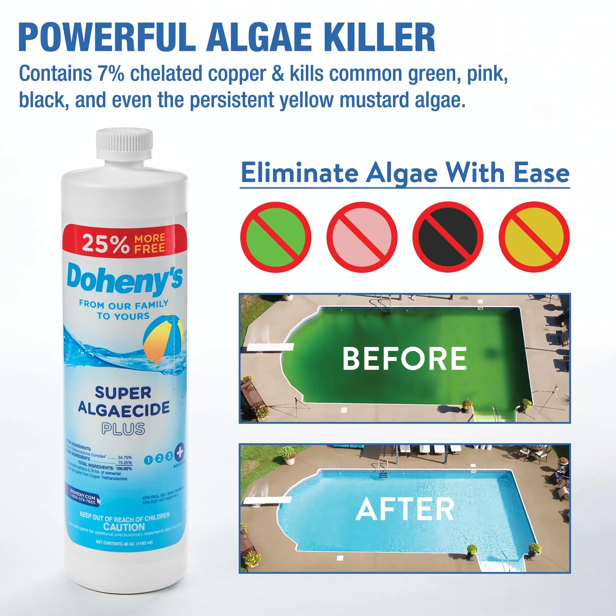 Doheny's Super Algaecide Plus | Pro-Grade | Effective Against Most Algae Types | 7.1% Chelated Copper (Reduces Staining) | Non-Foaming, No Clouding | Safe to Swim After Use | 4 x 40oz Bottles (160oz) - Image 8