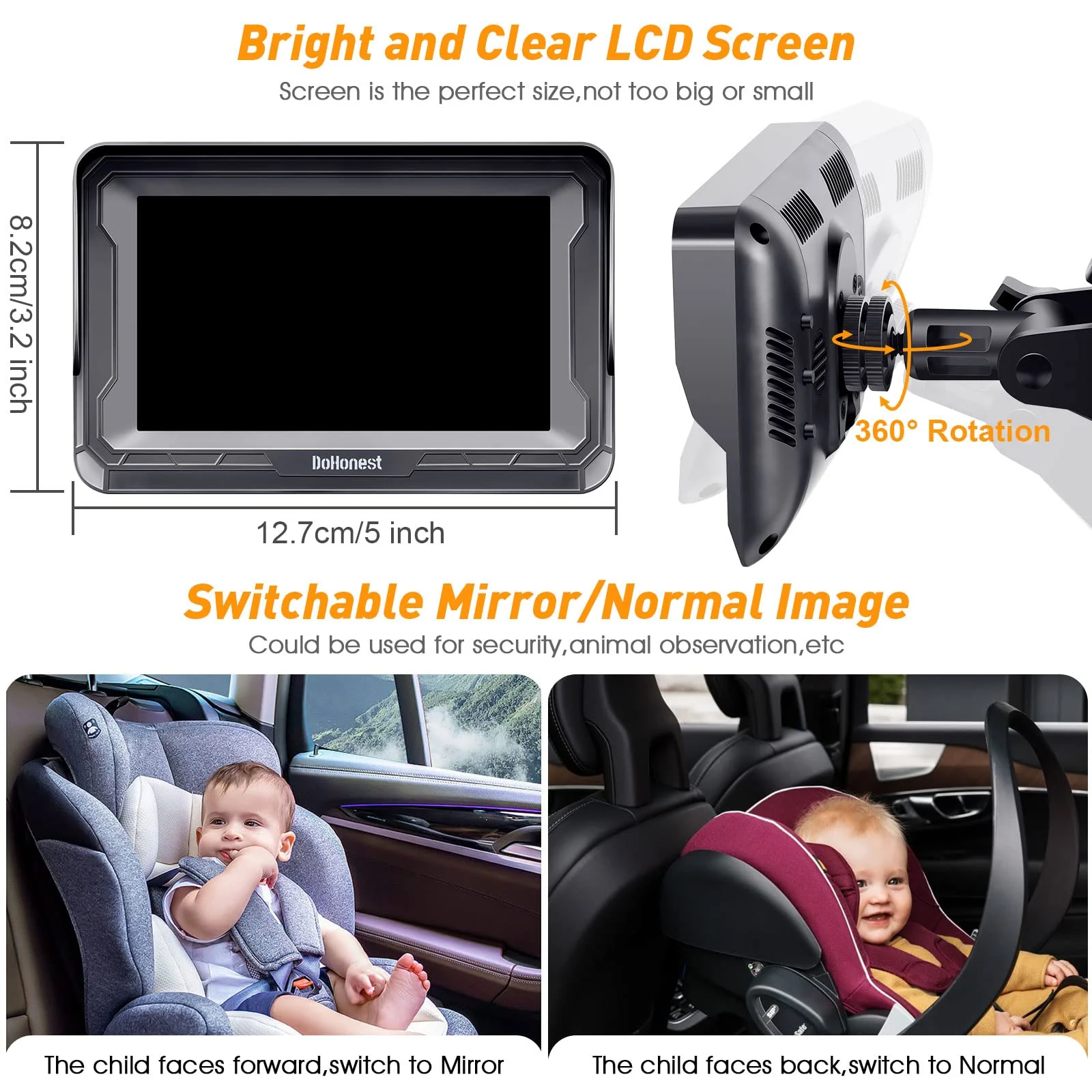 DoHonest Baby Car Camera HD 1080P - Rear-Facing Car Baby Monitor with Night Vision, Adjustable View Angle, Easy Setup, Anti-Glare Display, Safety for Kids & Infants - Image 7