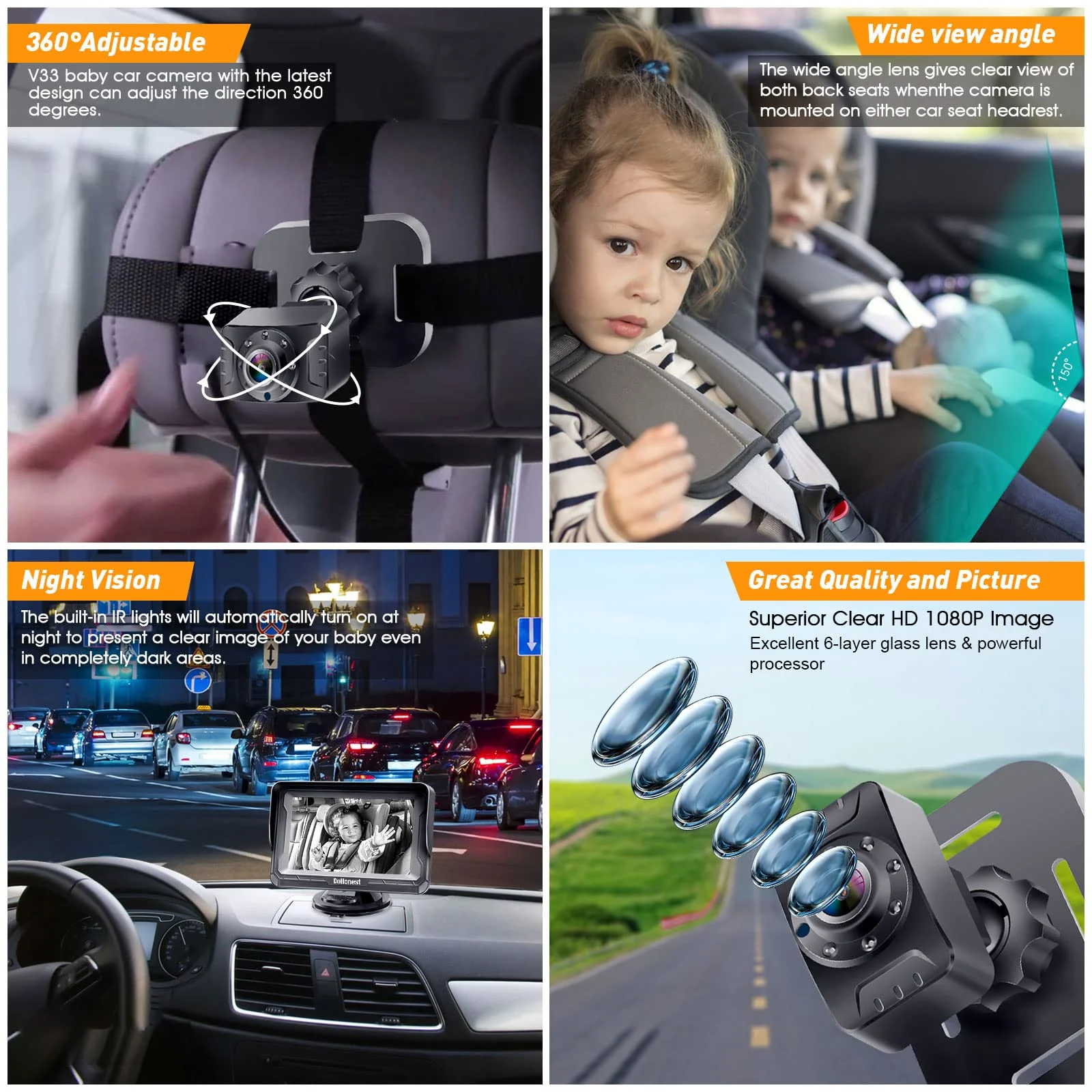 DoHonest Baby Car Camera HD 1080P - Rear-Facing Car Baby Monitor with Night Vision, Adjustable View Angle, Easy Setup, Anti-Glare Display, Safety for Kids & Infants - Image 8