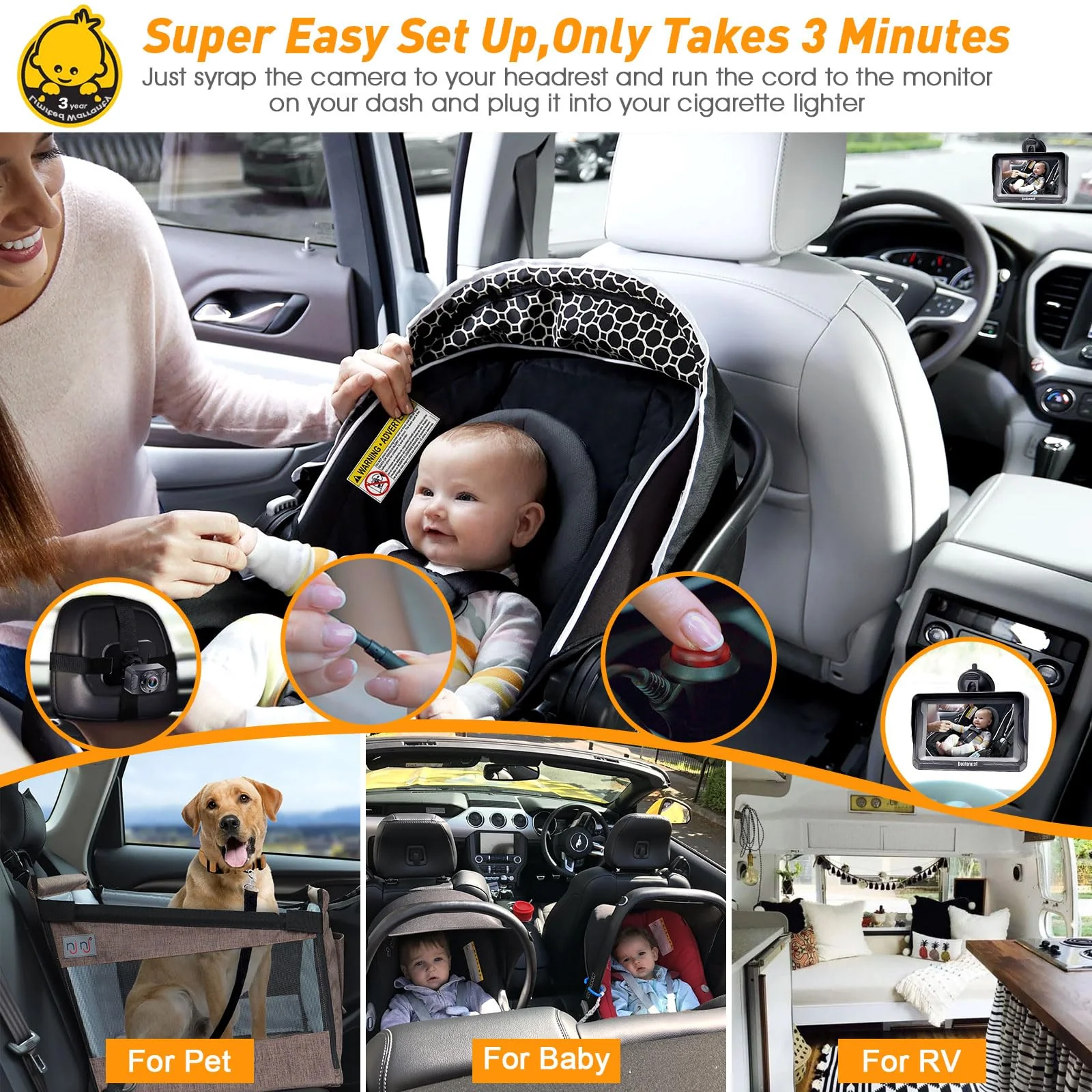 DoHonest Baby Car Camera HD 1080P - Rear-Facing Car Baby Monitor with Night Vision, Adjustable View Angle, Easy Setup, Anti-Glare Display, Safety for Kids & Infants - Image 9