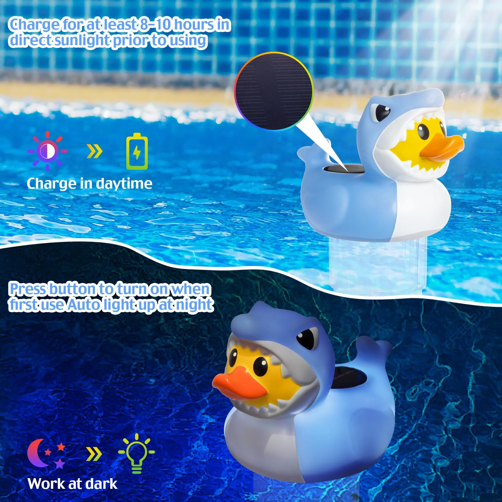 Doli Yearning Solar Pool Chlorine Floater for 3inch Tablets, Duck-Shark Chlorine Tablet Floater with Light, Auto Light up at Night for Pool, Hot Tub - Image 2