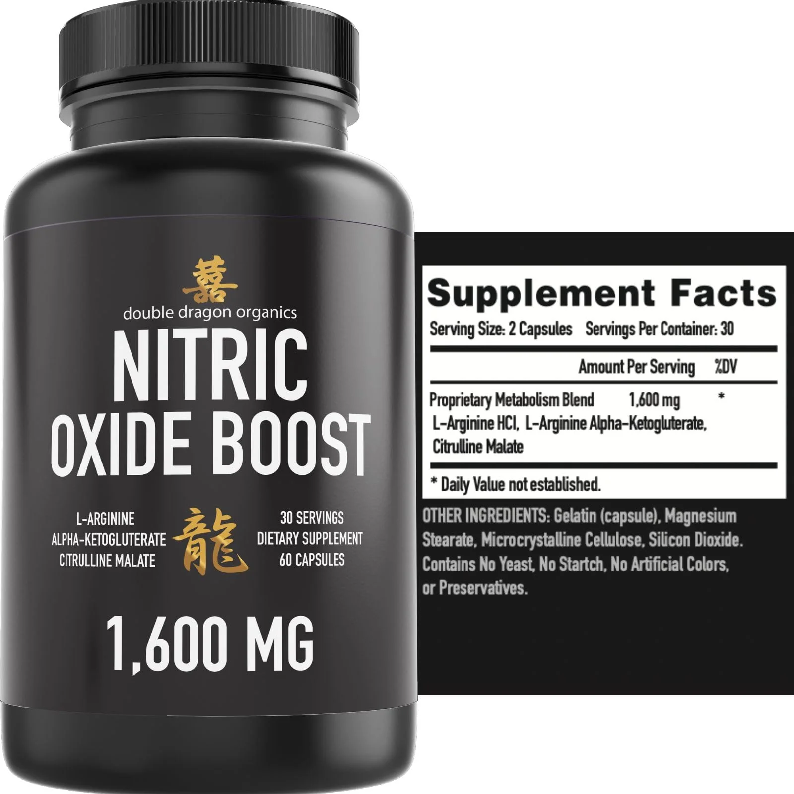 Double Dragon Organics Nitric Oxide Booster Supplement, 1600mg Extra Strength L-Arginine, Citrulline Malate, and Alpha-Ketoglutarate (60 Count, 1 Bottle) - Image 4