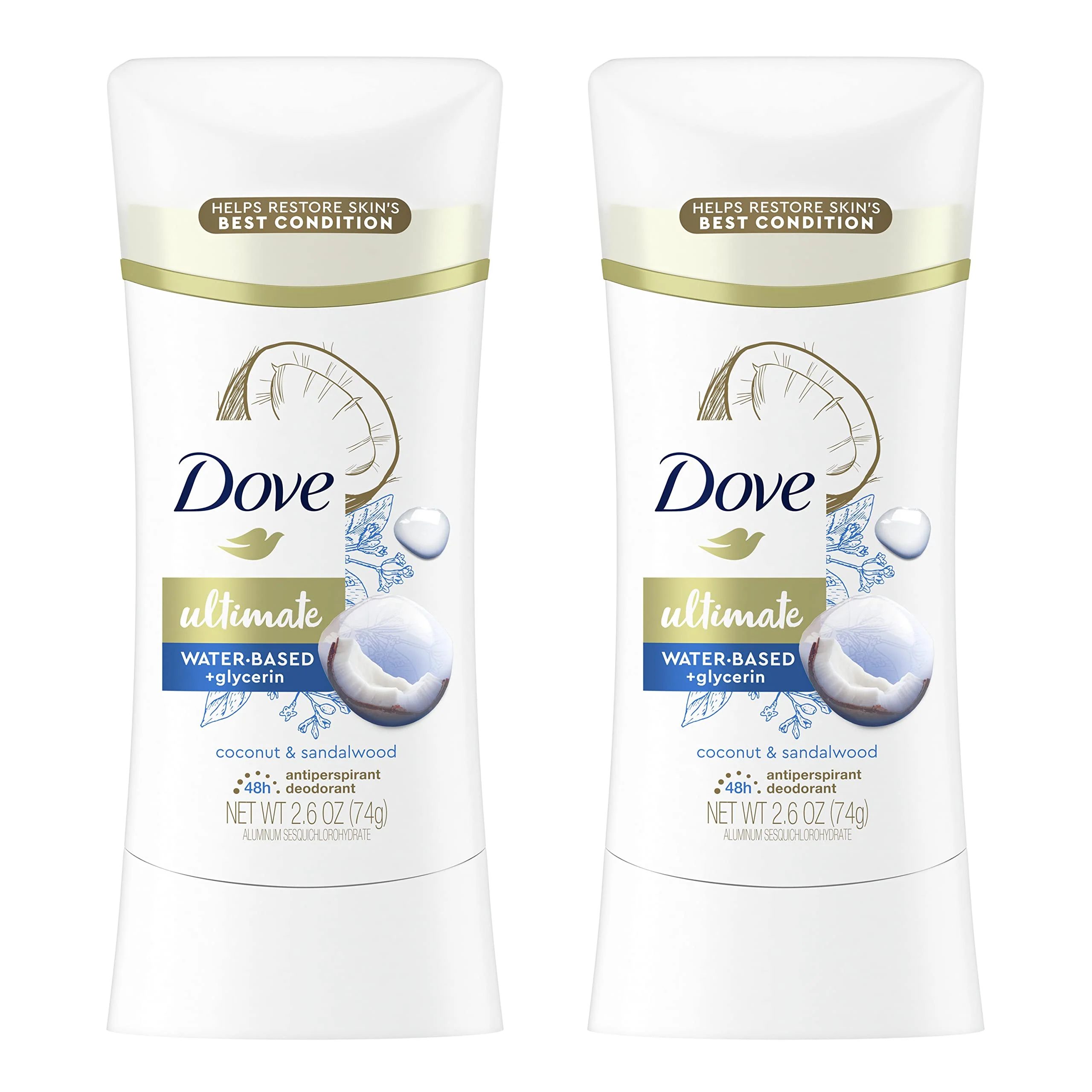 Dove Ultimate Antiperspirant Deodorant Stick 2 Count Coconut & Sandalwood 2.6 oz