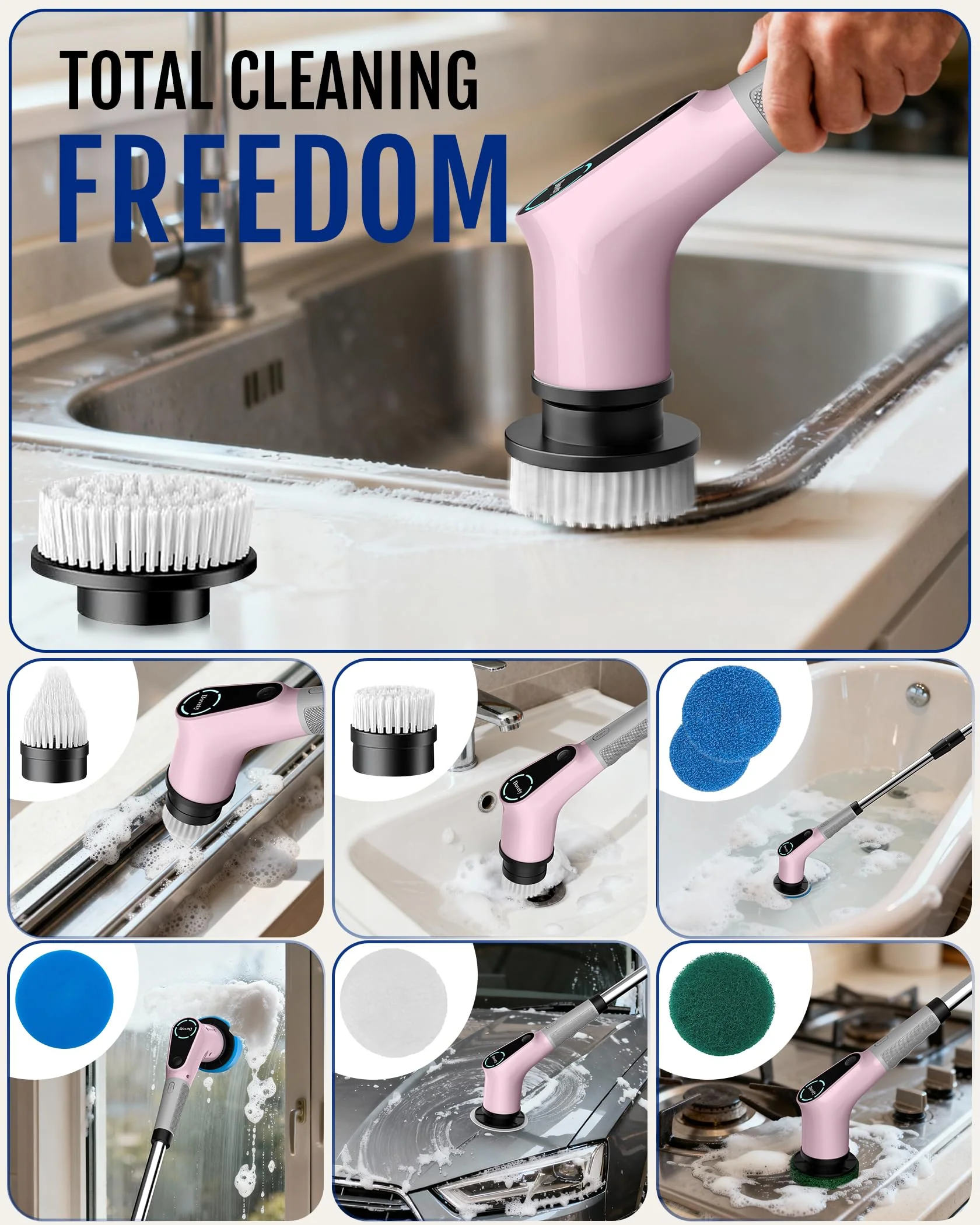 Dovety Electric Spin Scrubber, Shower Scrubber, Power Cleaner Tools with 8 Replaceable Brush Heads, Cleaning Brush with Extension Handle, 2 Adjustable Speeds, 90Mins Work Time for Home Bathtub-Pink - Image 4