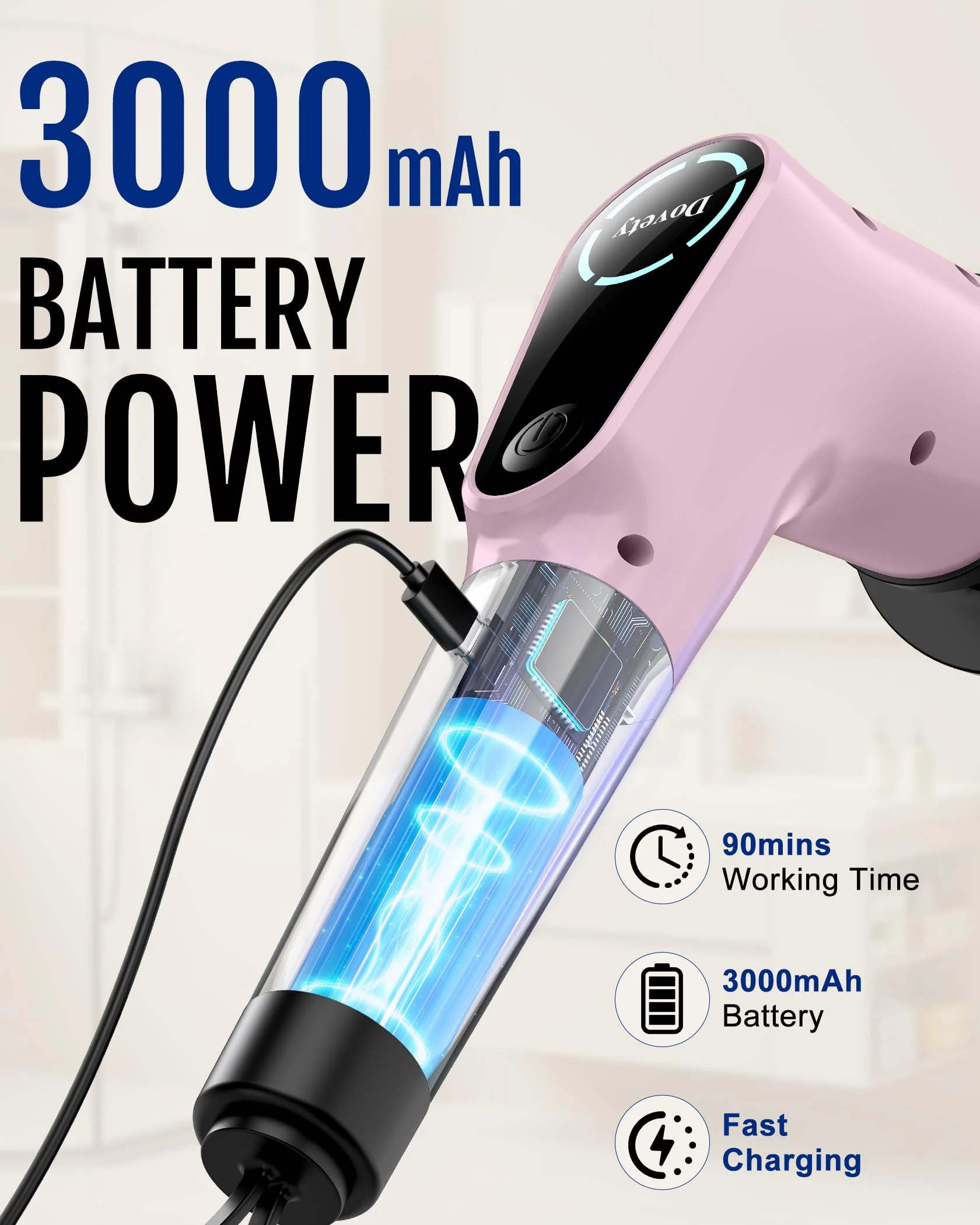 Dovety Electric Spin Scrubber, Shower Scrubber, Power Cleaner Tools with 8 Replaceable Brush Heads, Cleaning Brush with Extension Handle, 2 Adjustable Speeds, 90Mins Work Time for Home Bathtub-Pink - Image 5