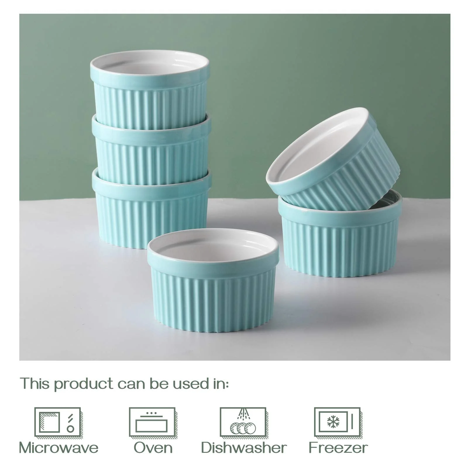 DOWAN 10 oz Porcelain Ramekins - Oven Safe for Creme Brulee & Souffle, Classic Style Baking Bowls, Set of 6, Blue - Image 3
