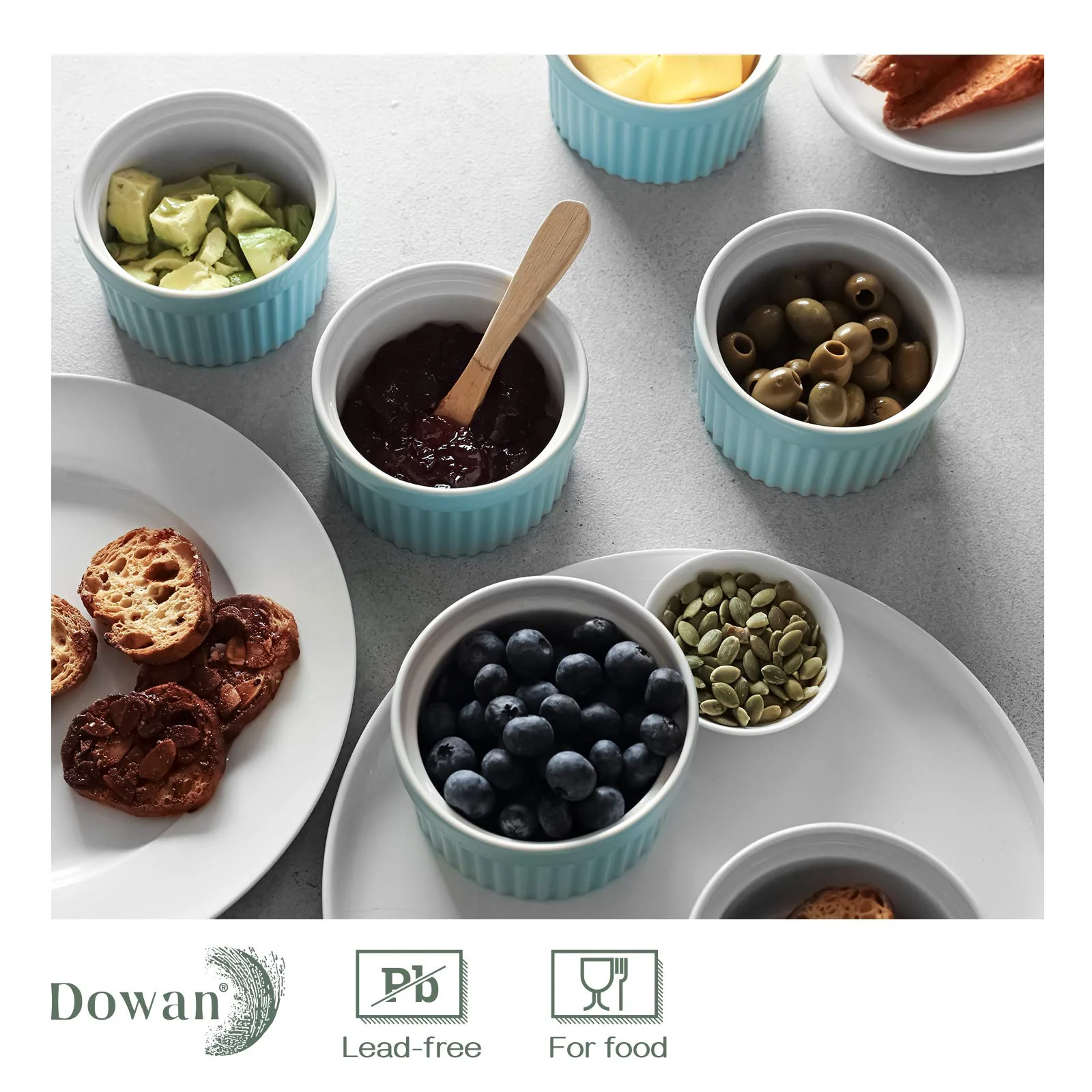 DOWAN 10 oz Porcelain Ramekins - Oven Safe for Creme Brulee & Souffle, Classic Style Baking Bowls, Set of 6, Blue - Image 4