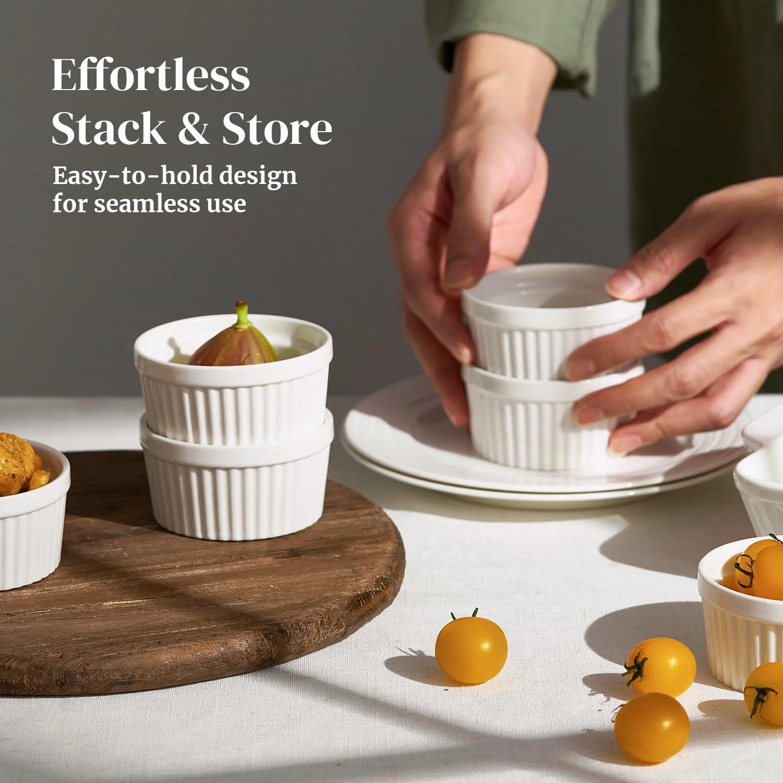 DOWAN 8 oz Ramekins Oven Safe for Creme Brulee, Souffle Dish Baking Bowls, Custard Cups for Pudding Dips Sauce Dessert Yogurt Ice Cream, Ceramic Ramiken Set of 6, Soft White - Image 3