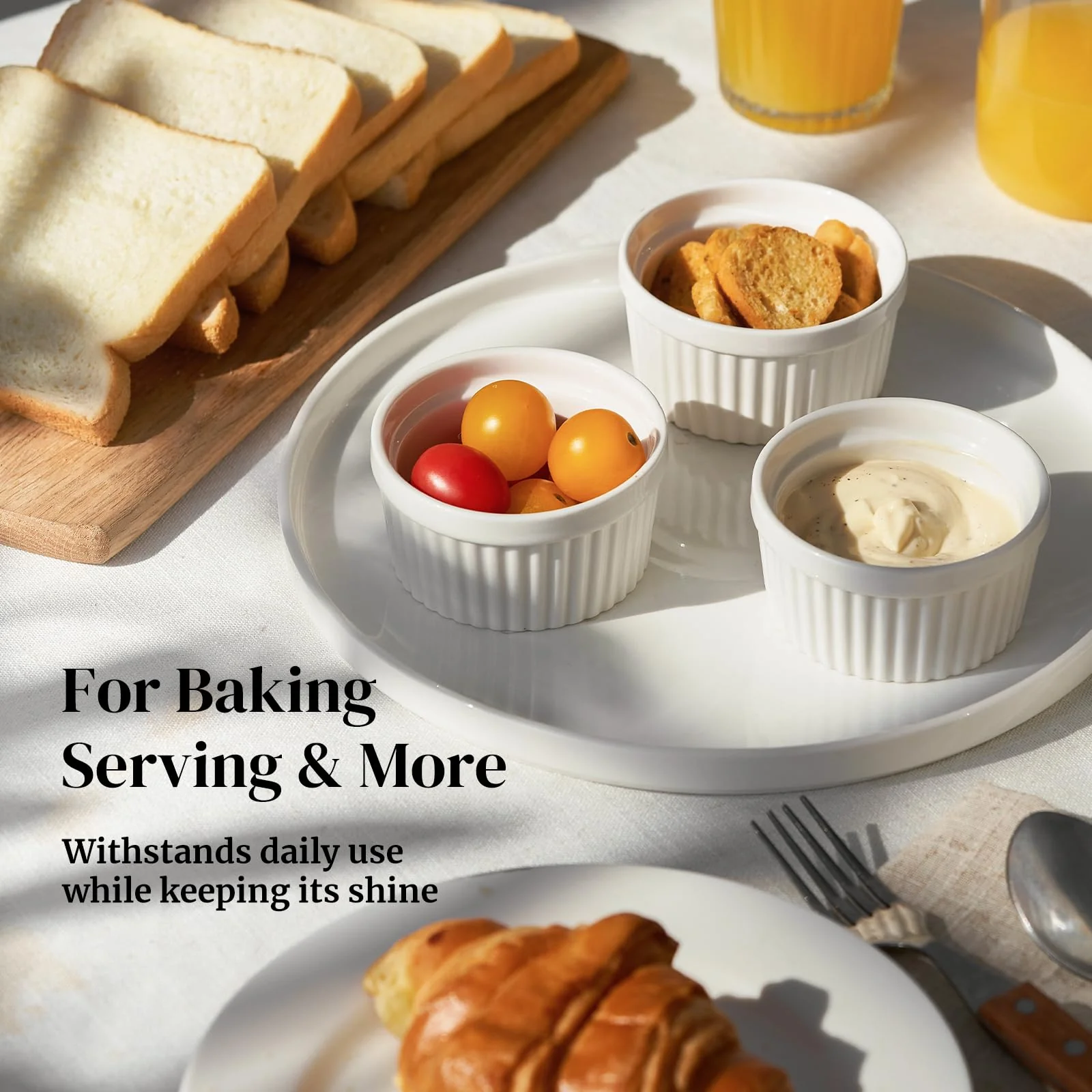 DOWAN 8 oz Ramekins Oven Safe for Creme Brulee, Souffle Dish Baking Bowls, Custard Cups for Pudding Dips Sauce Dessert Yogurt Ice Cream, Ceramic Ramiken Set of 6, Soft White - Image 5