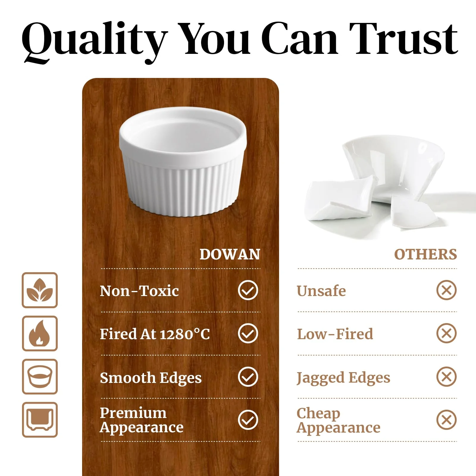 DOWAN 8 oz Ramekins Oven Safe for Creme Brulee, Souffle Dish Baking Bowls, Custard Cups for Pudding Dips Sauce Dessert Yogurt Ice Cream, Ceramic Ramiken Set of 6, Soft White - Image 7