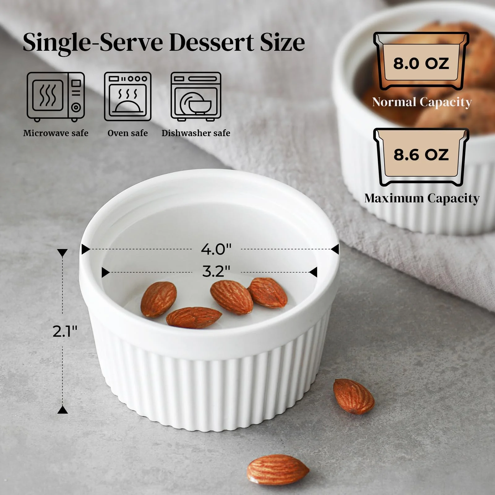 DOWAN 8 oz Ramekins Oven Safe for Creme Brulee, Souffle Dish Baking Bowls, Custard Cups for Pudding Dips Sauce Dessert Yogurt Ice Cream, Ceramic Ramiken Set of 6, Soft White - Image 8