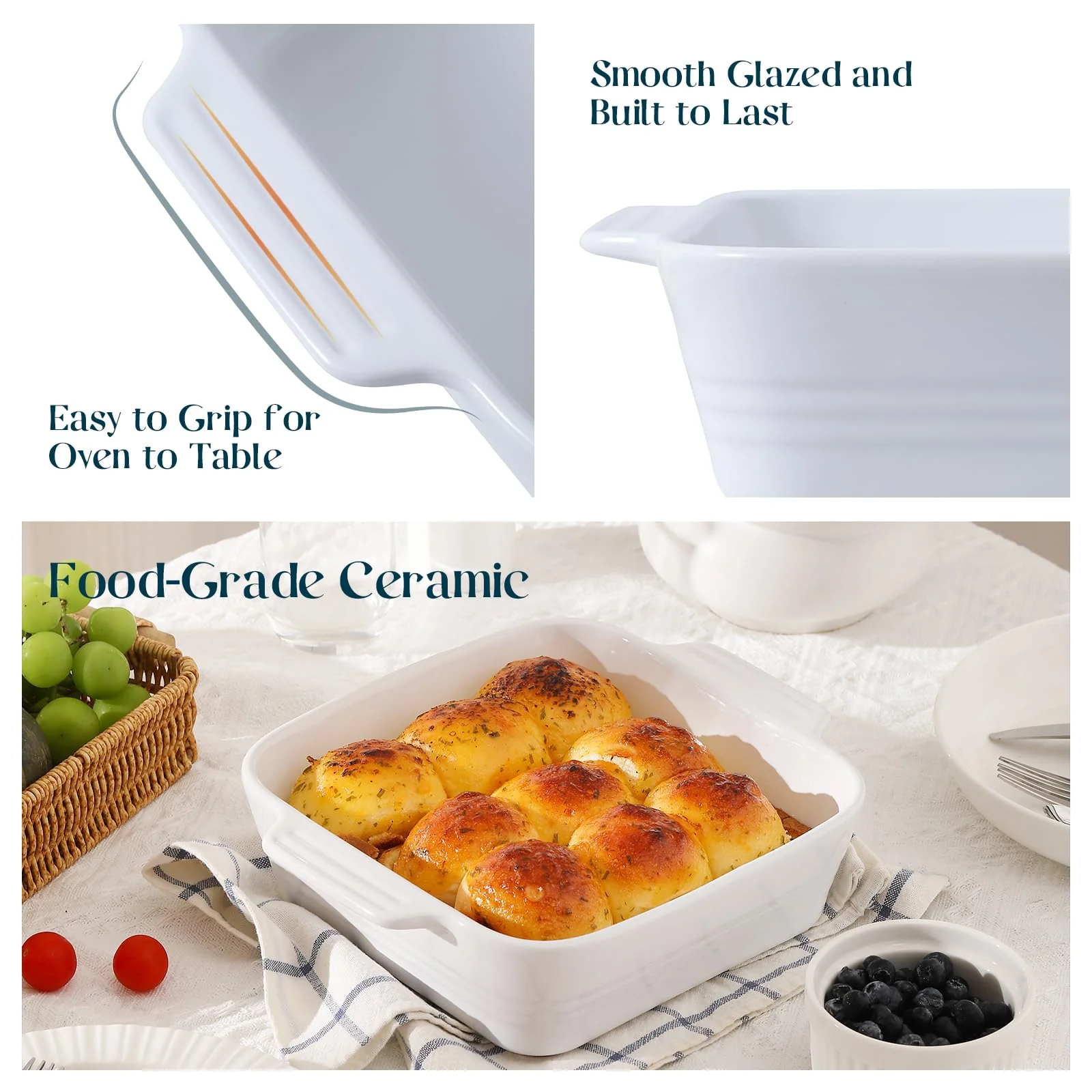 DOWAN 8x8 Baking dish, Square Baking Pan, Ceramic Casserole Dishes for Oven, Cake Pan with Handle, for Brownie, Lasagna, Casserole, 2 Quart, Home Gift, Bright White - Image 5