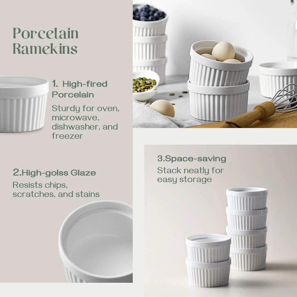 DOWAN Ramekins 10 oz Oven Safe for Creme Brulee, Porcelain Souffle Dishes, Ramekin for Baking, Small Dessert Bowls Dipping Sauce Cups, Set of 6, Soft White - Image 3