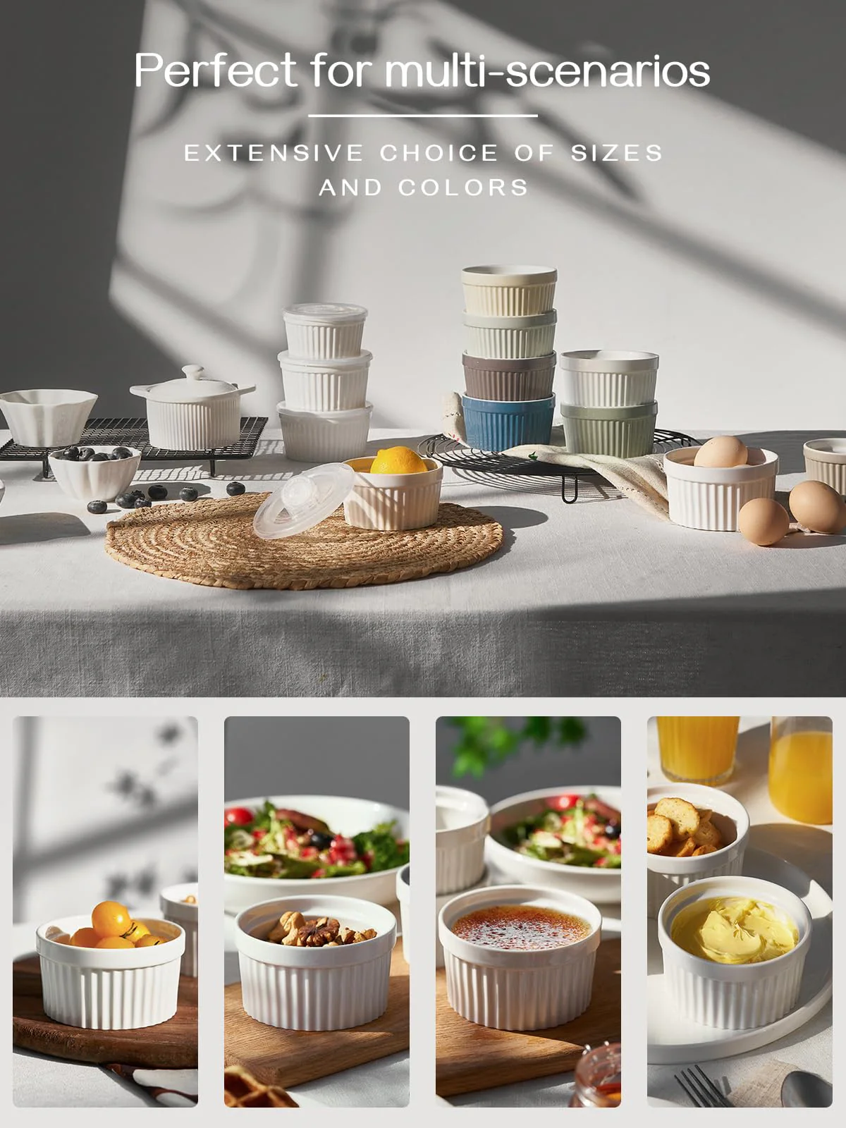 DOWAN Ramekins 10 oz Oven Safe for Creme Brulee, Porcelain Souffle Dishes, Ramekin for Baking, Small Dessert Bowls Dipping Sauce Cups, Set of 6, Soft White - Image 7