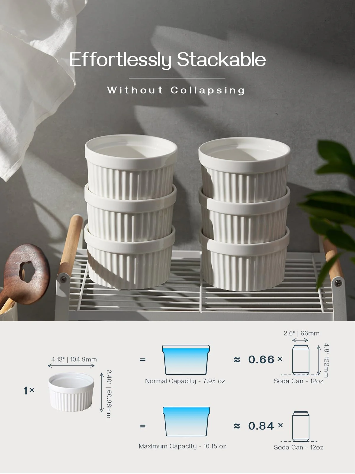 DOWAN Ramekins 10 oz Oven Safe for Creme Brulee, Porcelain Souffle Dishes, Ramekin for Baking, Small Dessert Bowls Dipping Sauce Cups, Set of 6, Soft White - Image 9