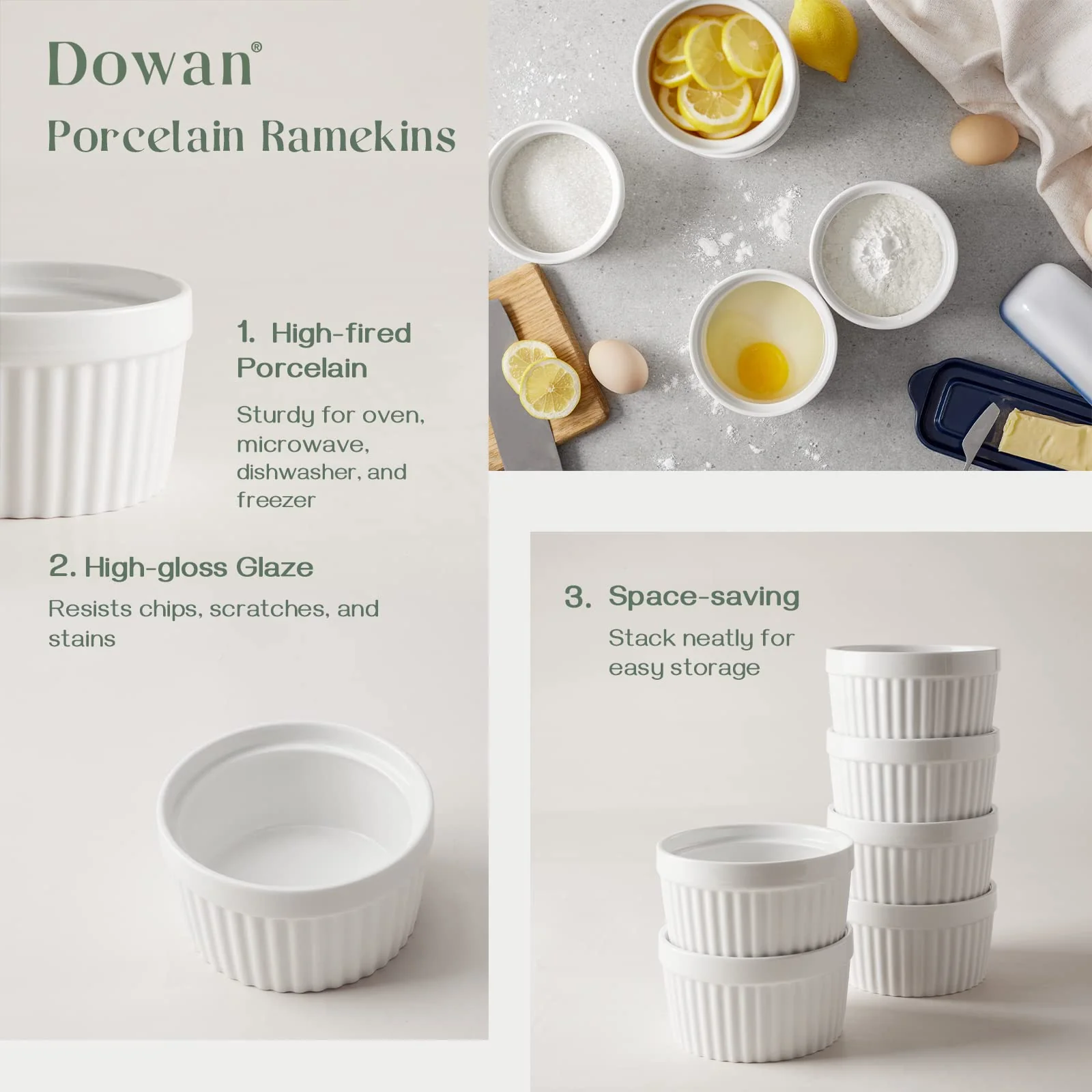 DOWAN Ramekins 12 oz Oven Safe, Creme Brulee Ramekin Souffle Dishes for Baking, Porcelain Samll Bowls for French Onion Soup, Dessert Custard Cups Sauce Dish, Set of 6, Soft White - Image 6