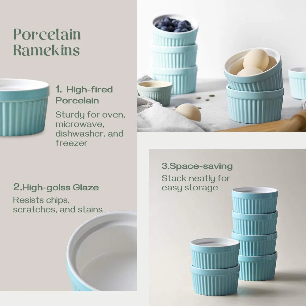 DOWAN Ramekins 6 oz Oven Safe - 6 oz Ramekins for Creme Brulee Souffle, Porcelain Ramekins for Baking, Classic Style Ramekins Bowls, Set of 6, Blue - Image 2