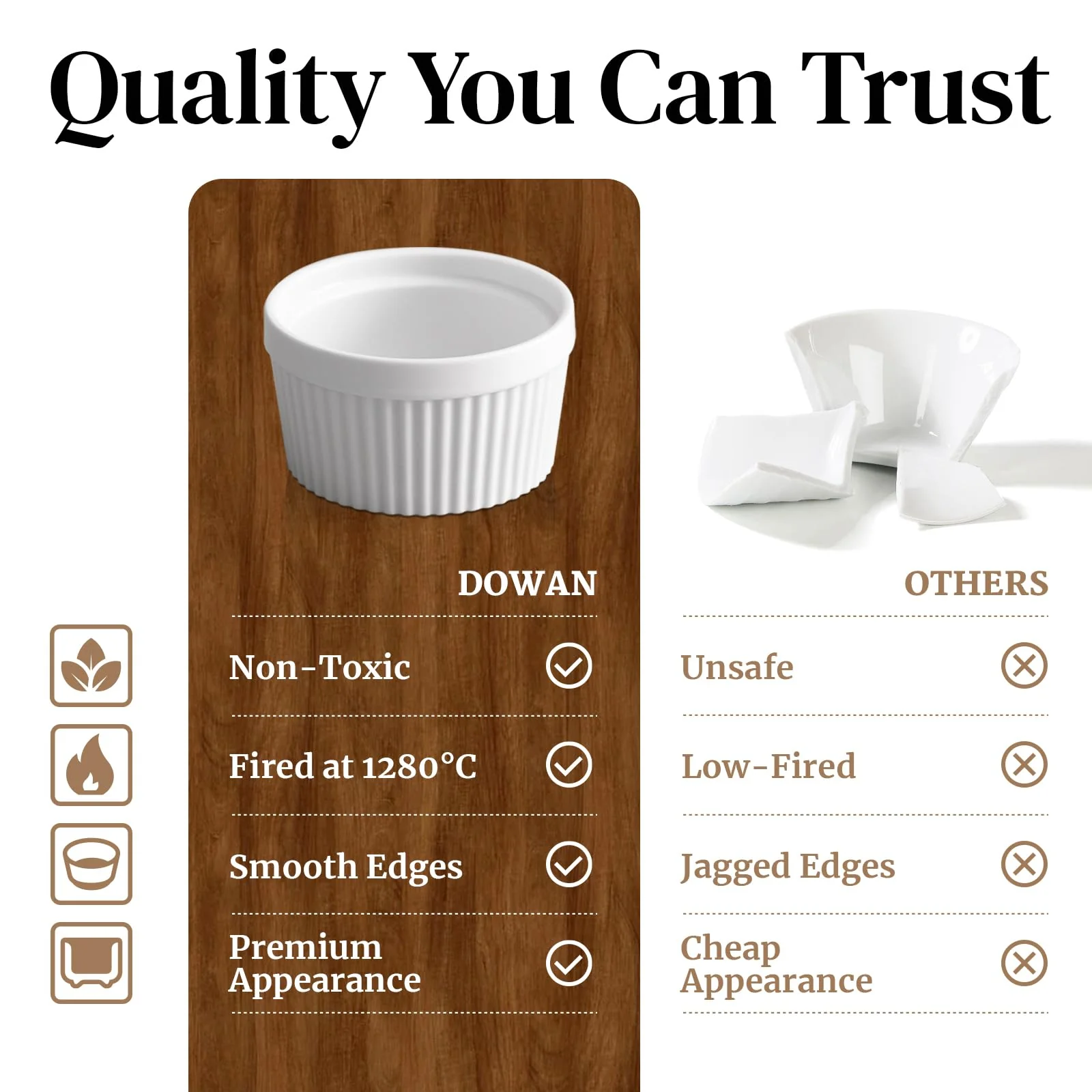 DOWAN Ramekins 6 oz Oven Safe for Creme Brulee Souffle, Porcelain Ramekin for Baking, Classic Style Small Bowls Souffle Dishes Custard Cups for Dipping Sauce, Set of 6, Soft White - Image 8