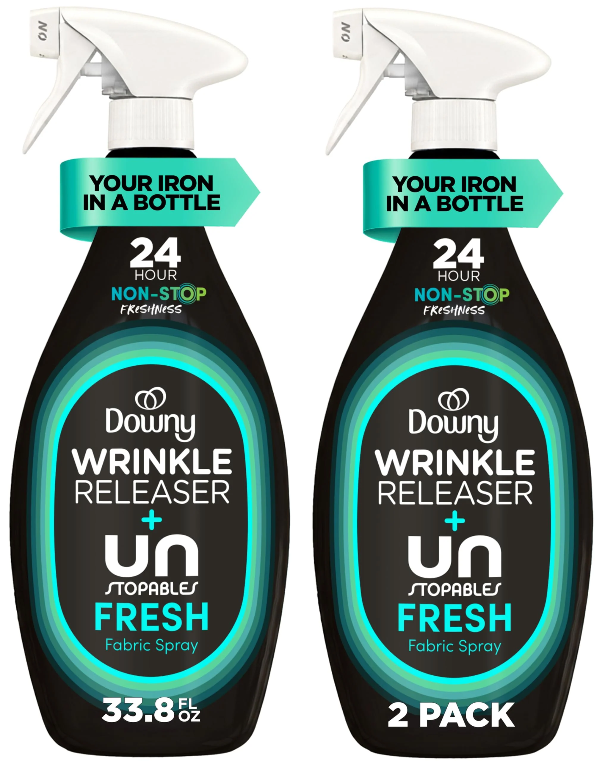Downy Wrinkle Releaser Spray, All In One Wrinkle Release Spray, Odor Eliminator, Static Remover, Fabric Refresher & Ironing Aid for Clothes, 33.8 Fl Oz (Pack of 2), Light Fresh Scent