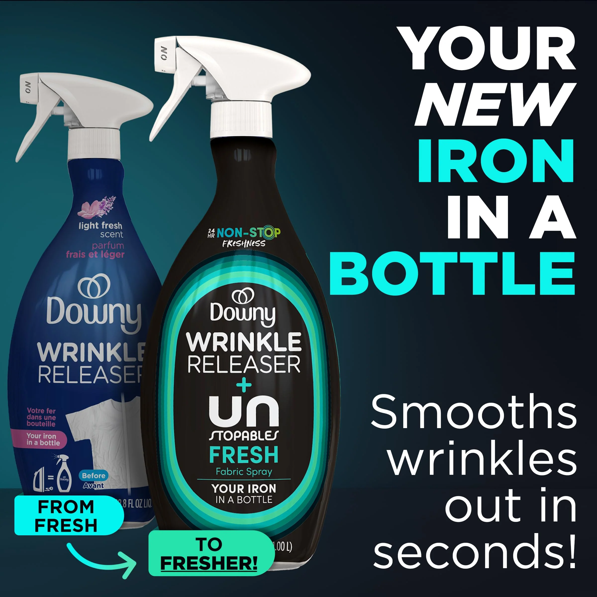 Downy Wrinkle Releaser Spray, All In One Wrinkle Release Spray, Odor Eliminator, Static Remover, Fabric Refresher & Ironing Aid for Clothes, 33.8 Fl Oz (Pack of 2), Light Fresh Scent - Image 2