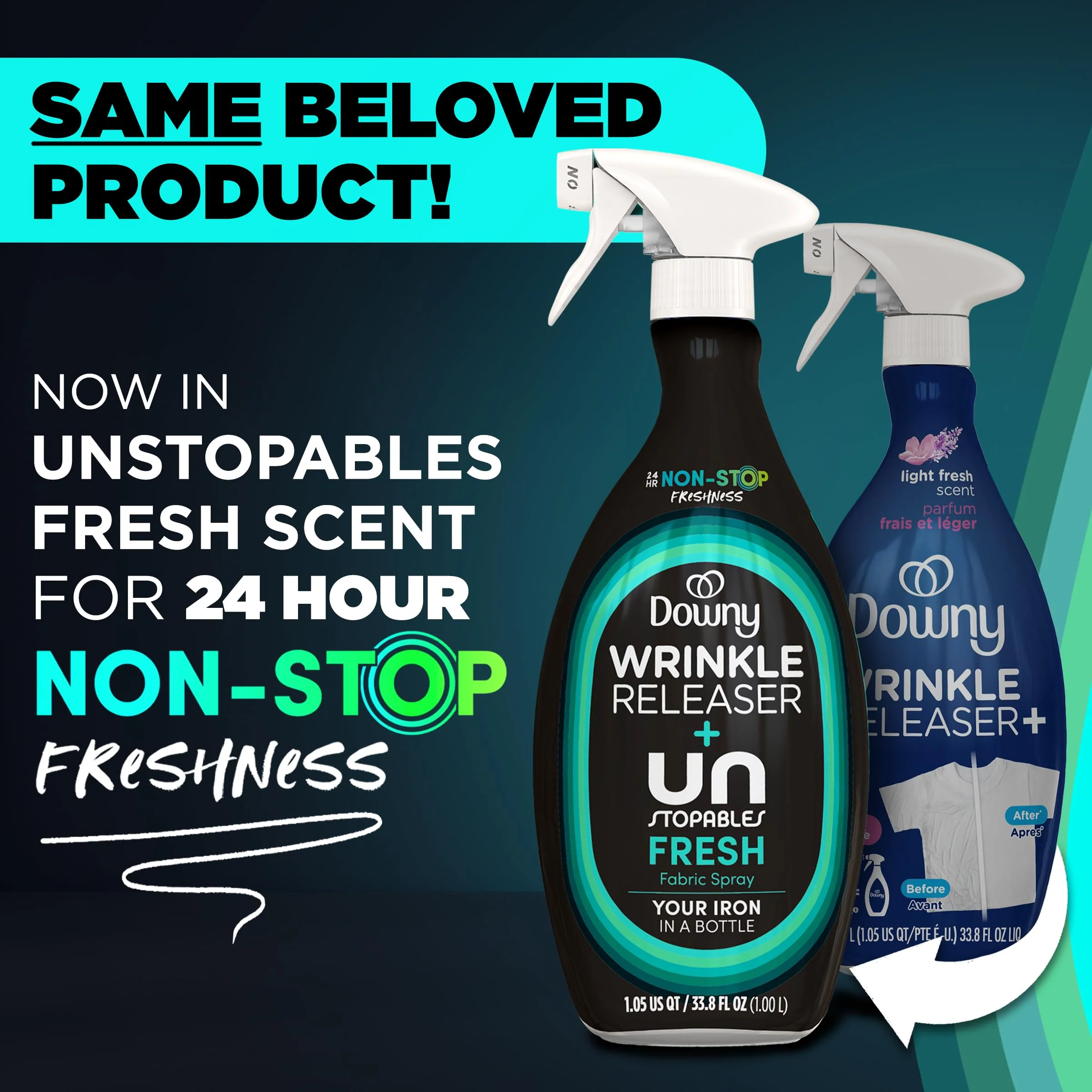Downy Wrinkle Releaser Spray, All In One Wrinkle Release Spray, Odor Eliminator, Static Remover, Fabric Refresher & Ironing Aid for Clothes, 33.8 Fl Oz (Pack of 2), Light Fresh Scent - Image 3