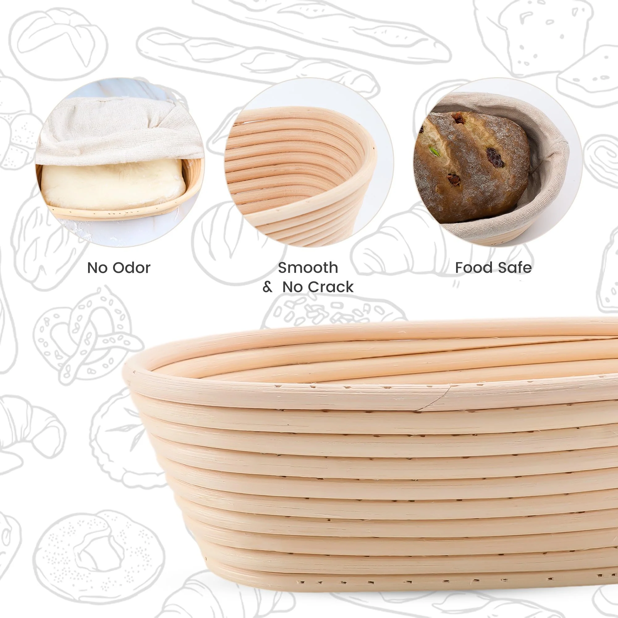 DOYOLLA Bread Proofing Baskets Set of 2 10 inch Oval Shaped Dough Proofing Bowls w/Liners Perfect for Professional & Home Sourdough Bread Baking - Image 3