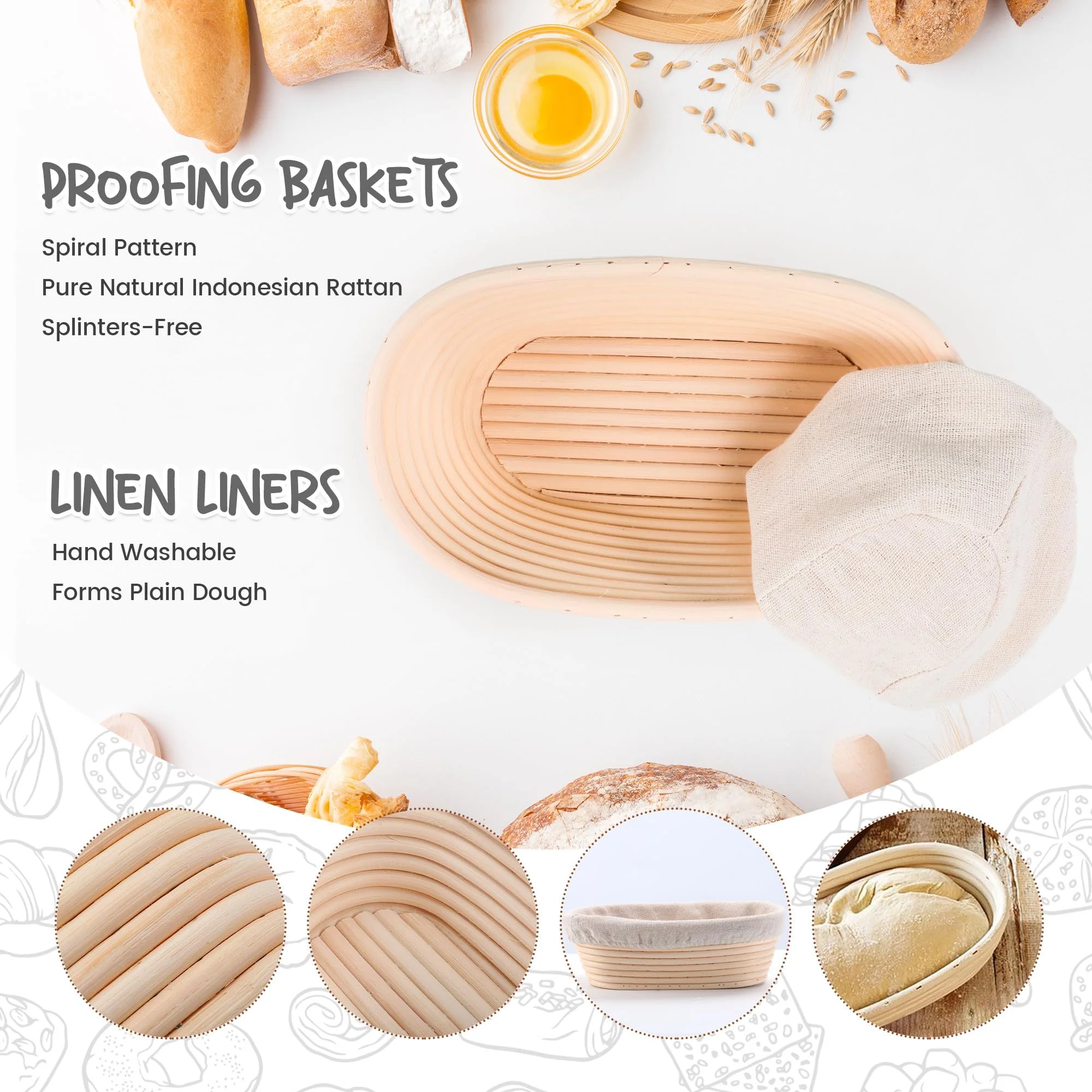 DOYOLLA Bread Proofing Baskets Set of 2 10 inch Oval Shaped Dough Proofing Bowls w/Liners Perfect for Professional & Home Sourdough Bread Baking - Image 7