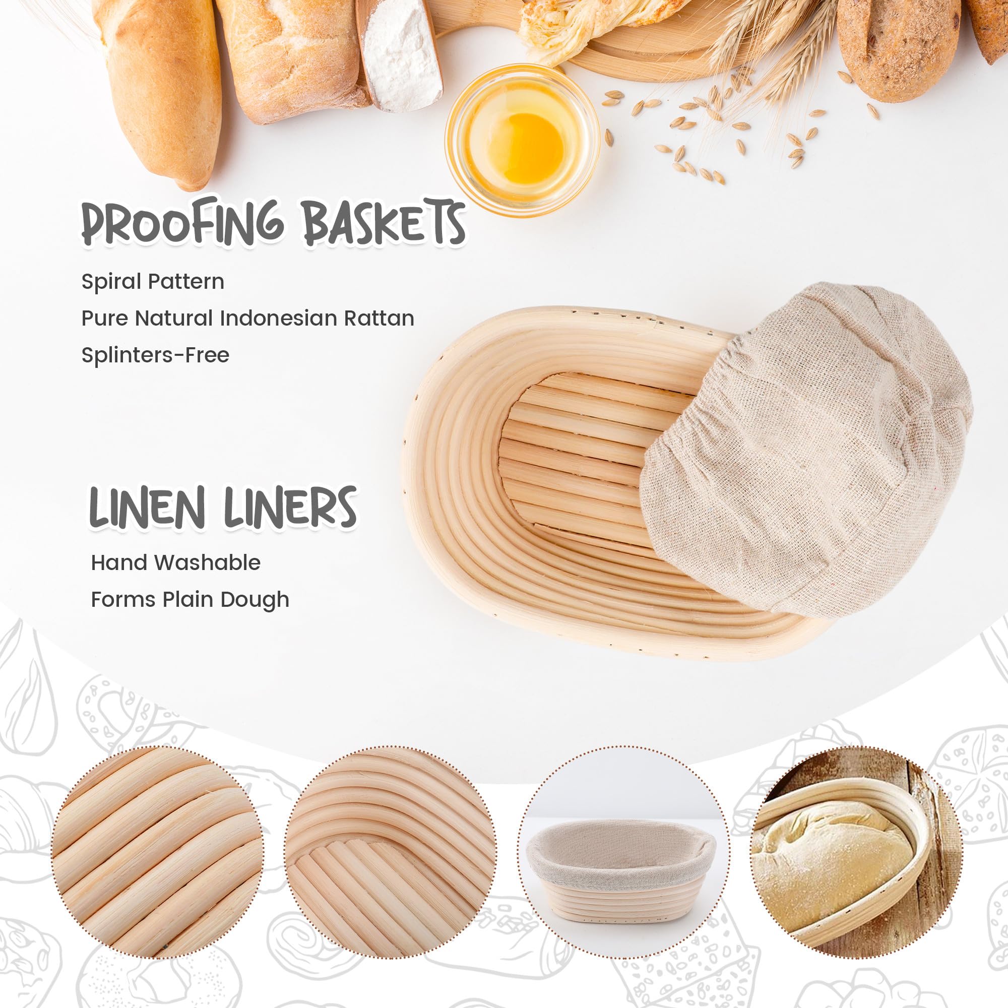 DOYOLLA Mini Oval Proofing Set (6.5inch, set of 5), Sourdough Proofing Baskets Bread Dough Rising Bowls w/Liners for Home Sourdough Bakers Baking - Image 7