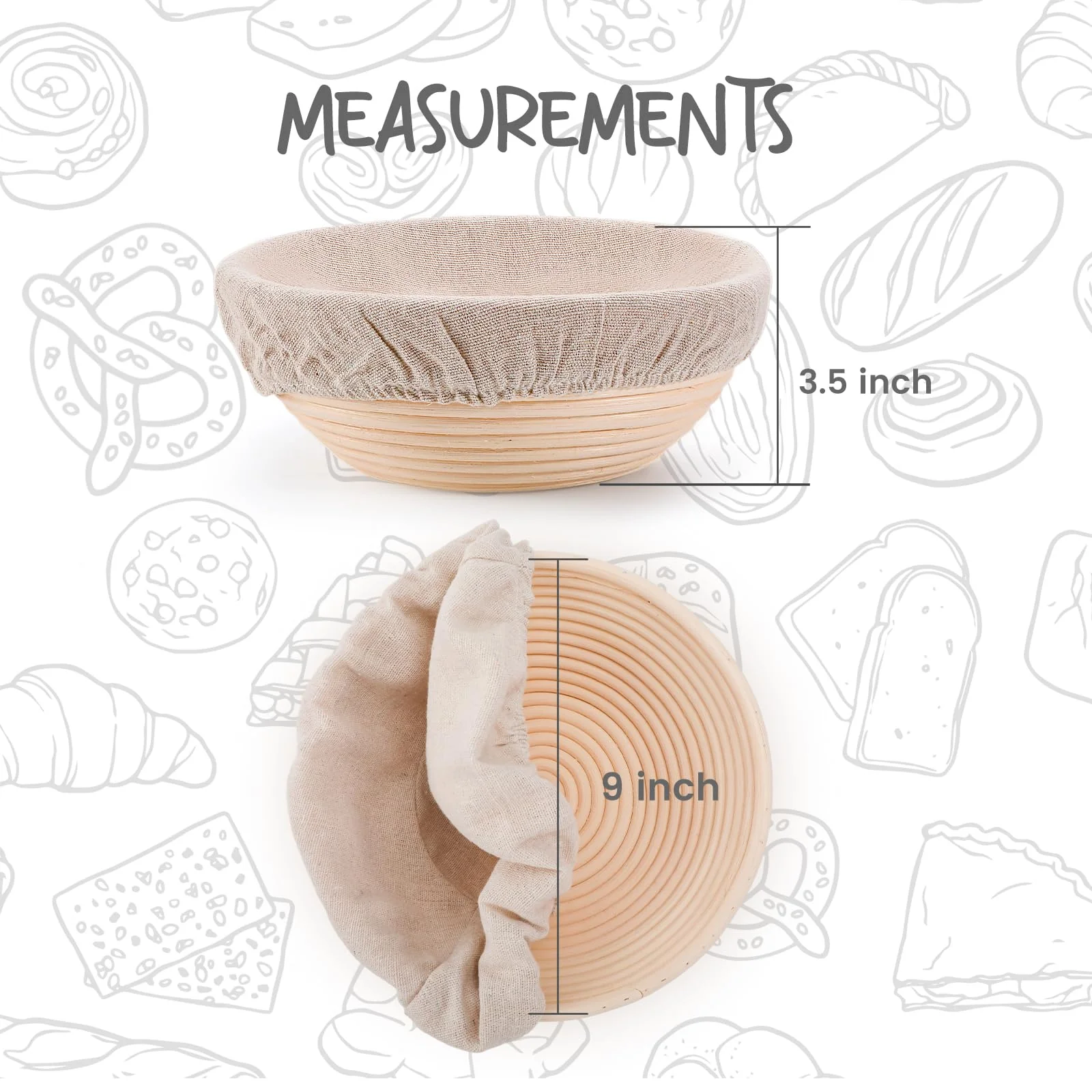DOYOLLA Round Bread Dough Proofing Rising Rattan Baskets(Set of 2, 9 inch) w/Liners for Home Sourdough Bread Bakers - Image 6