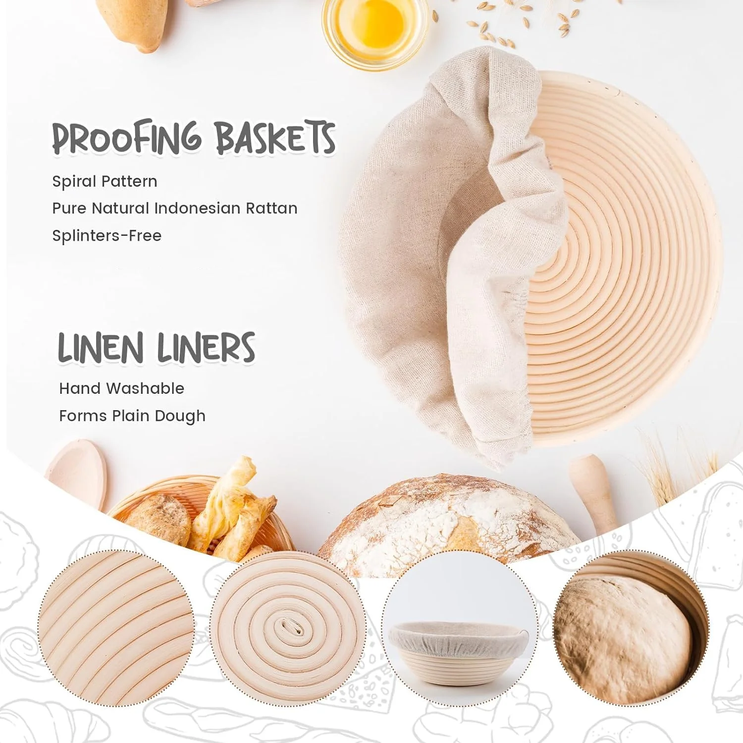 DOYOLLA Round Bread Dough Proofing Rising Rattan Baskets(Set of 2, 9 inch) w/Liners for Home Sourdough Bread Bakers - Image 7