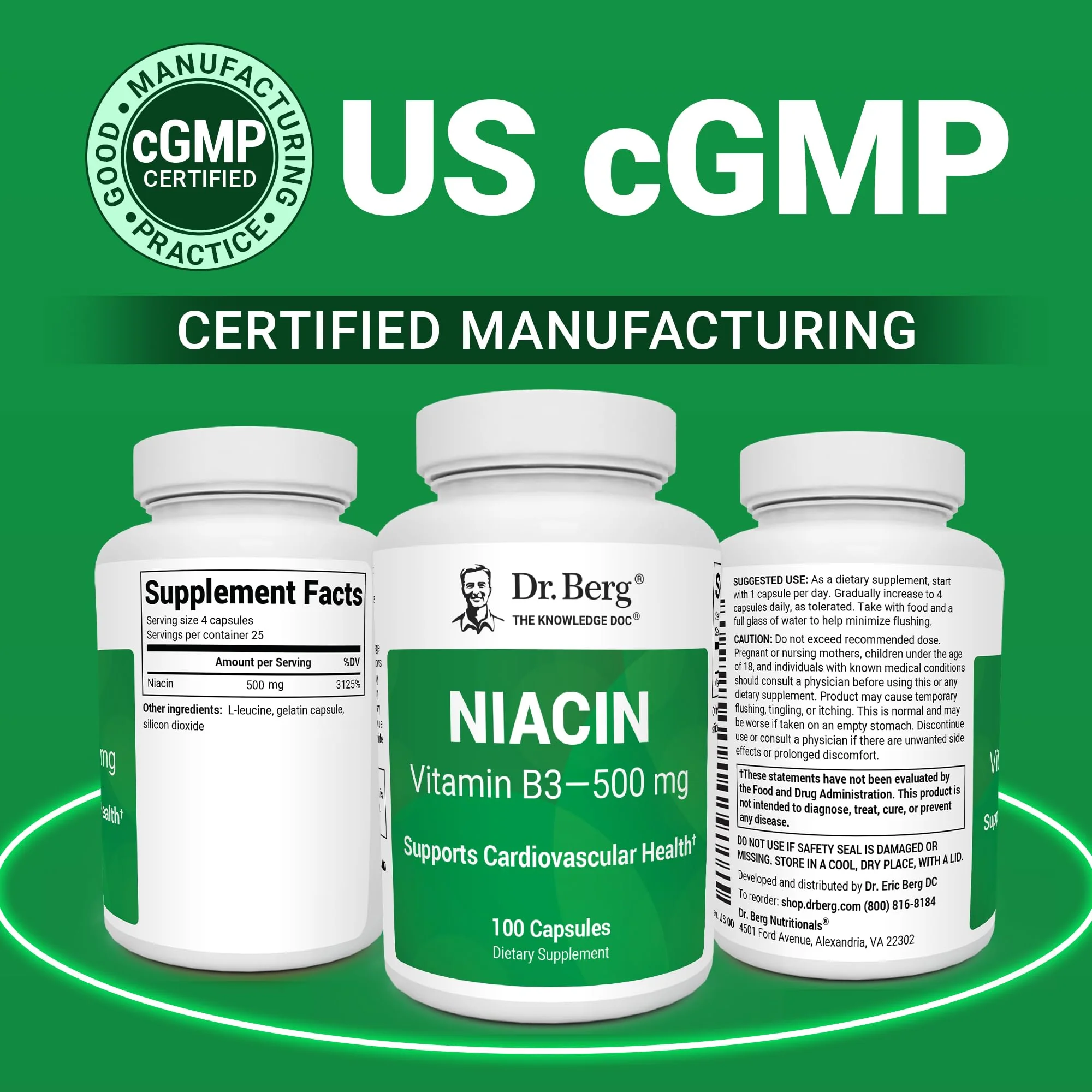 Dr. Berg Highly-Potent Niacin 500 mg – Now Only 125 mg per Capsule for Niacin Flush Tolerance Building – Gradually Increase to 500mg a Day – Vitamin B3 for Heart, Brain & Energy Support – 100 Capsules - Image 5