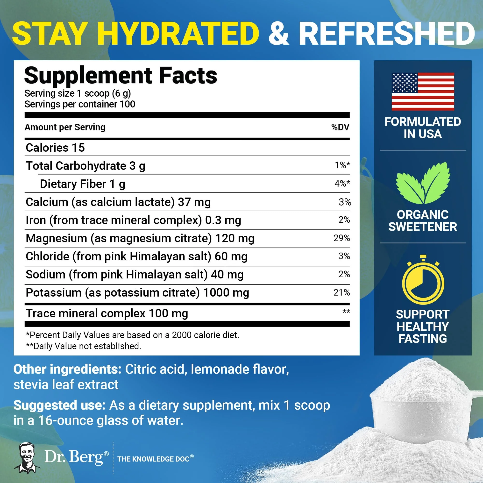 Dr. Berg Zero Sugar Hydration Keto Electrolyte Powder - Enhanced w/ 1000 mg of Potassium & Real Pink Himalayan Salt (NOT Table Salt) - Lemonade Flavor Hydration Drink Mix Supplement - 100 Servings - Image 4