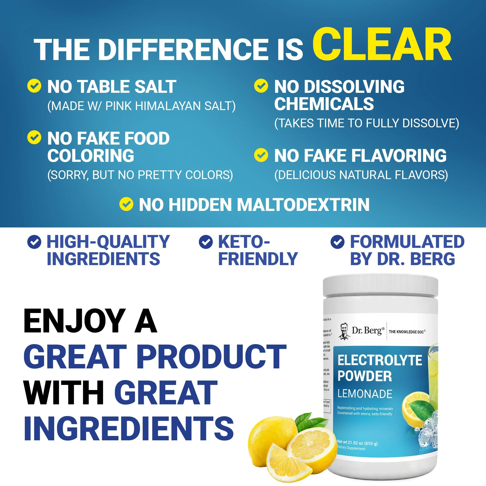 Dr. Berg Zero Sugar Hydration Keto Electrolyte Powder - Enhanced w/ 1000 mg of Potassium & Real Pink Himalayan Salt (NOT Table Salt) - Lemonade Flavor Hydration Drink Mix Supplement - 100 Servings - Image 6