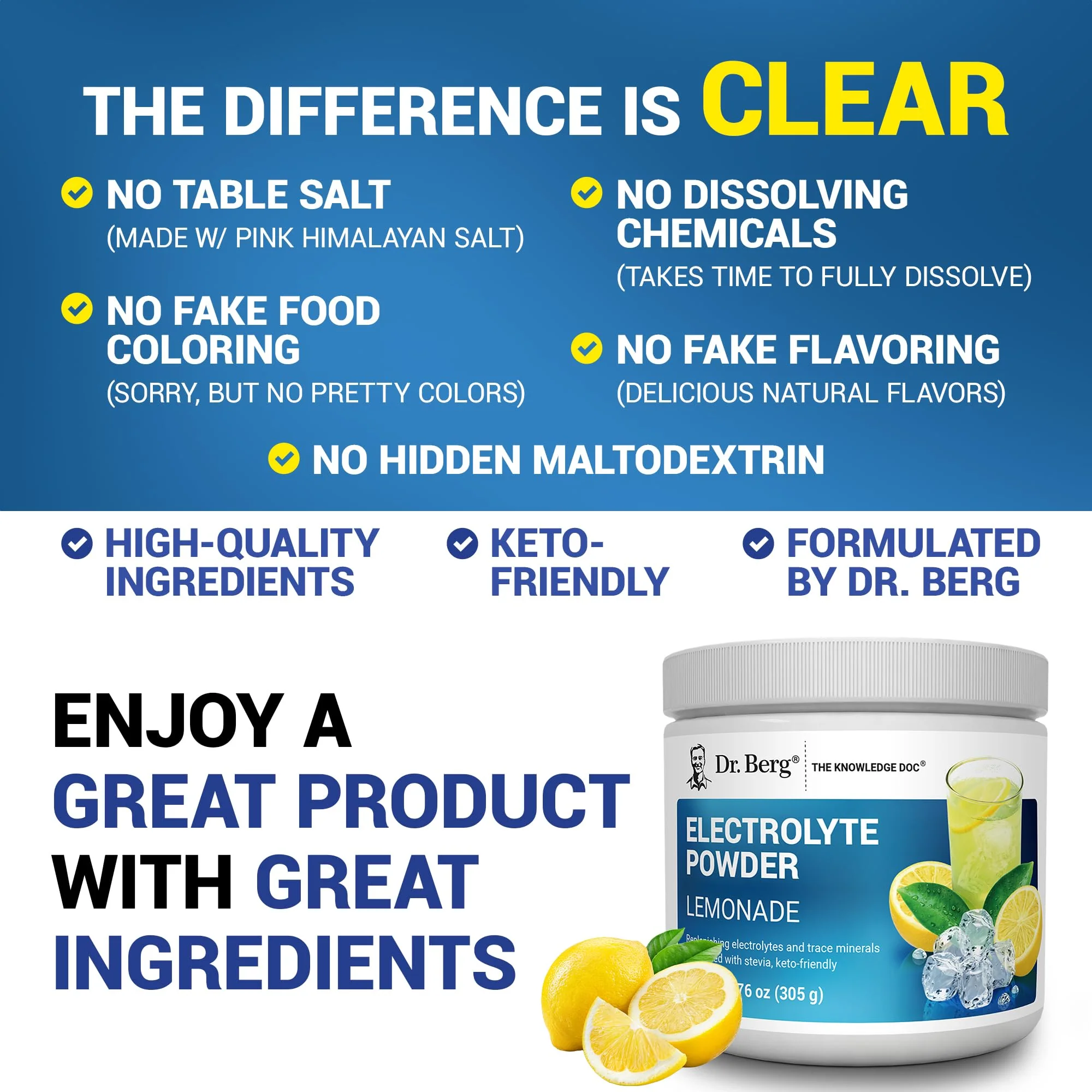 Dr. Berg Zero Sugar Hydration Keto Electrolyte Powder - Enhanced w/ 1000 mg of Potassium & Real Pink Himalayan Salt (NOT Table Salt) - Lemonade Flavor Hydration Drink Mix Supplement - 50 Servings - Image 5
