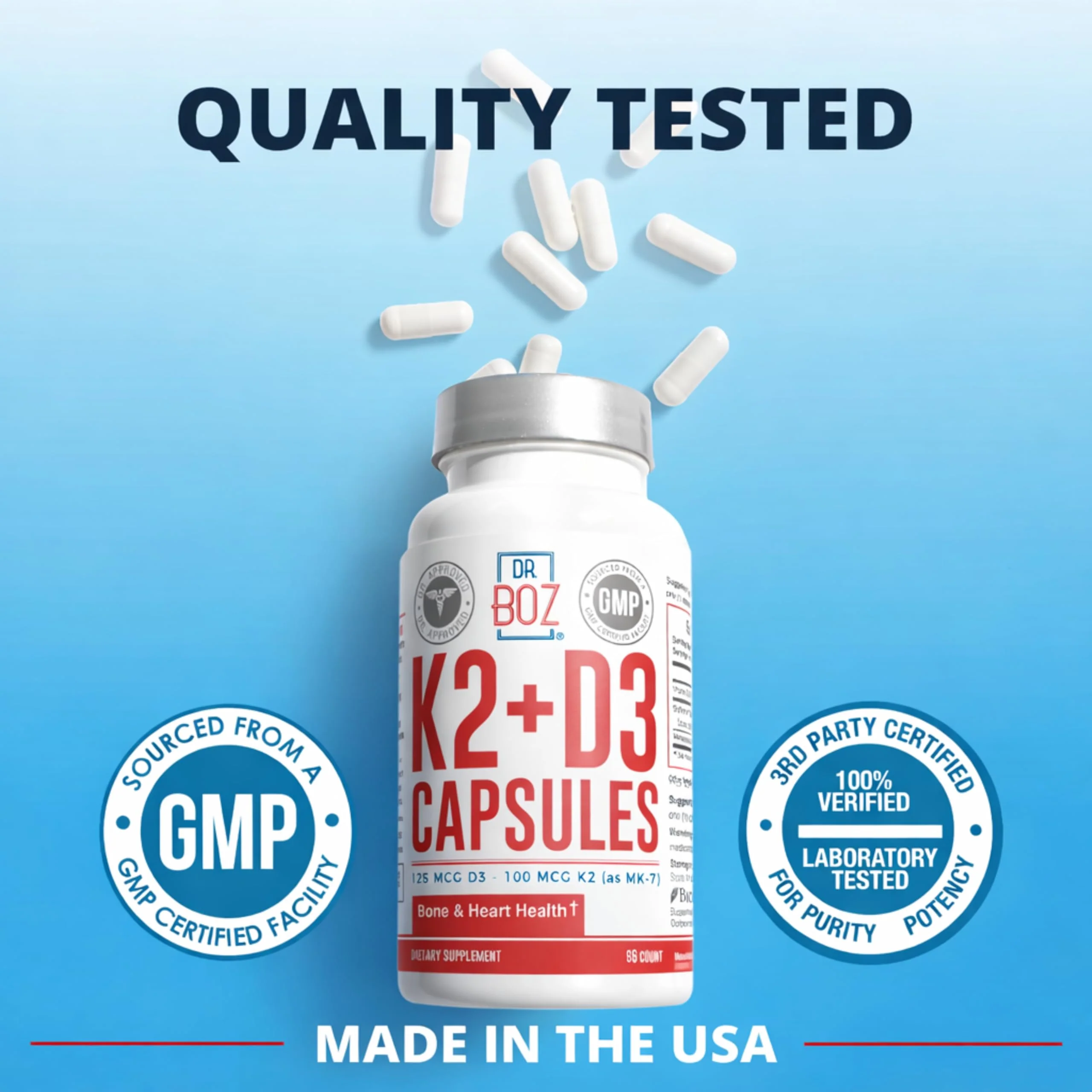 Dr. Boz - K2+D3 Capsules, 66 Servings - Vitamin D3 K2 Supplement with BioPerine - Bone & Heart Health - Enhanced Absorption - Quality Tested - Made in The USA - 5000iu (D3) - 400iu (K2) - Self Care - Image 4