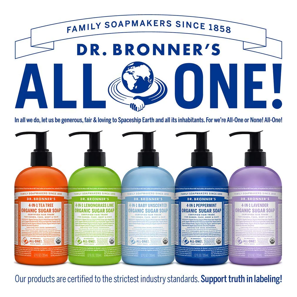 Dr. Bronner's - Organic Sugar Soap (12 oz Variety Pack) Lavender, Peppermint, Tea Tree, & Lemongrass - Made with Organic Oils, Sugar & Shikakai Powder, 4-in-1 Use: Hands, Body, Face & Hair | 4 Count - Image 3
