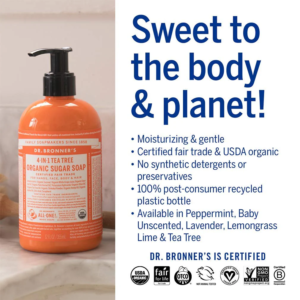 Dr. Bronner's - Organic Sugar Soap (12 oz Variety Pack) Lavender, Peppermint, Tea Tree, & Lemongrass - Made with Organic Oils, Sugar & Shikakai Powder, 4-in-1 Use: Hands, Body, Face & Hair | 4 Count - Image 4