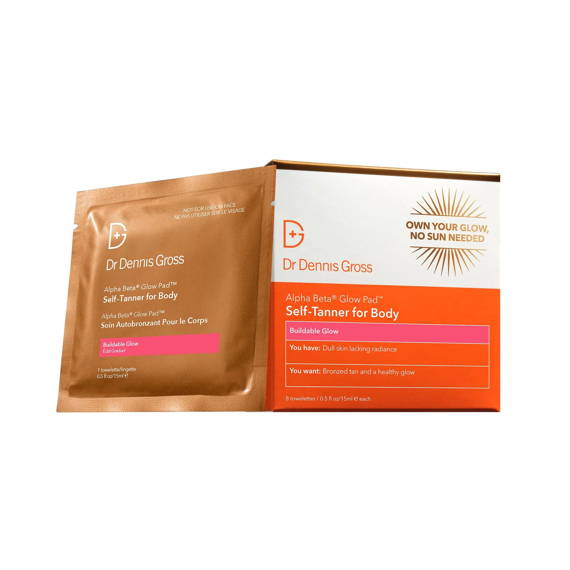 Dr. Dennis Gross Glow Pad Self-Tanner for Body – Exfoliating & Anti-Aging Towelette with AHAs & BHAs, Buildable Natural Glow, Hydrating & Streak-Free Application, 8 Towelettes
