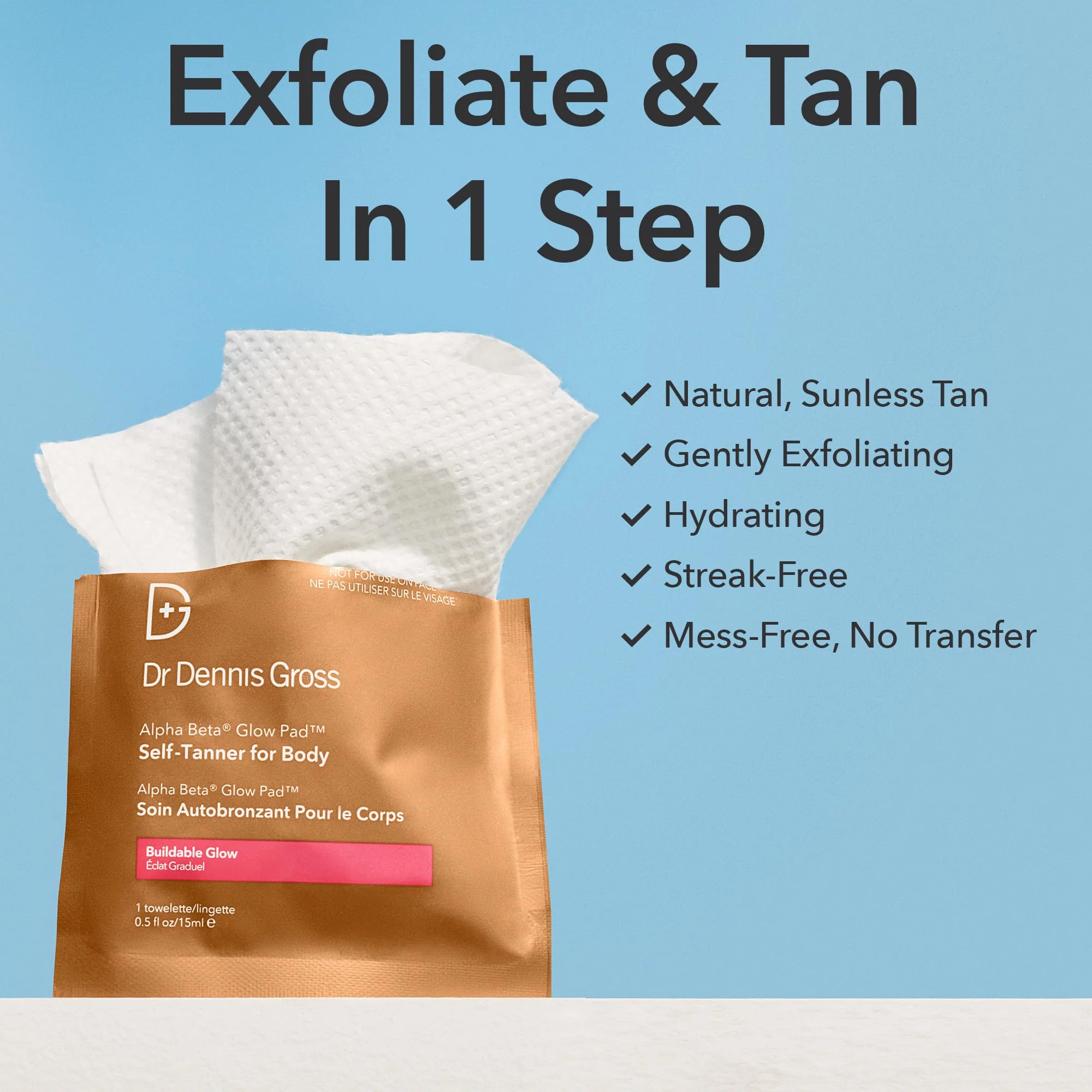 Dr. Dennis Gross Glow Pad Self-Tanner for Body – Exfoliating & Anti-Aging Towelette with AHAs & BHAs, Buildable Natural Glow, Hydrating & Streak-Free Application, 8 Towelettes - Image 6