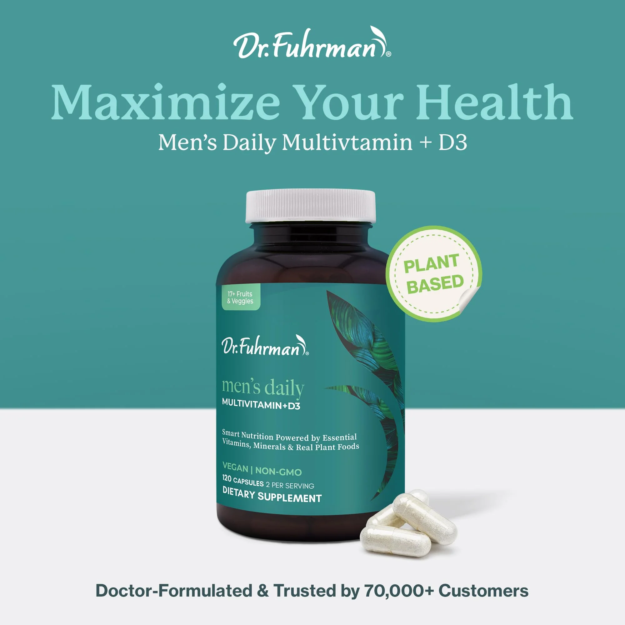 Dr. Fuhrman 2 Month Supply Multivitamin for Men + D3 Vitamin for Immune Support | Vegan Formula Womens Multivitamin with B12 & Zinc | Whole Food multivitamin with 17 Fruits & Veggies - Image 2