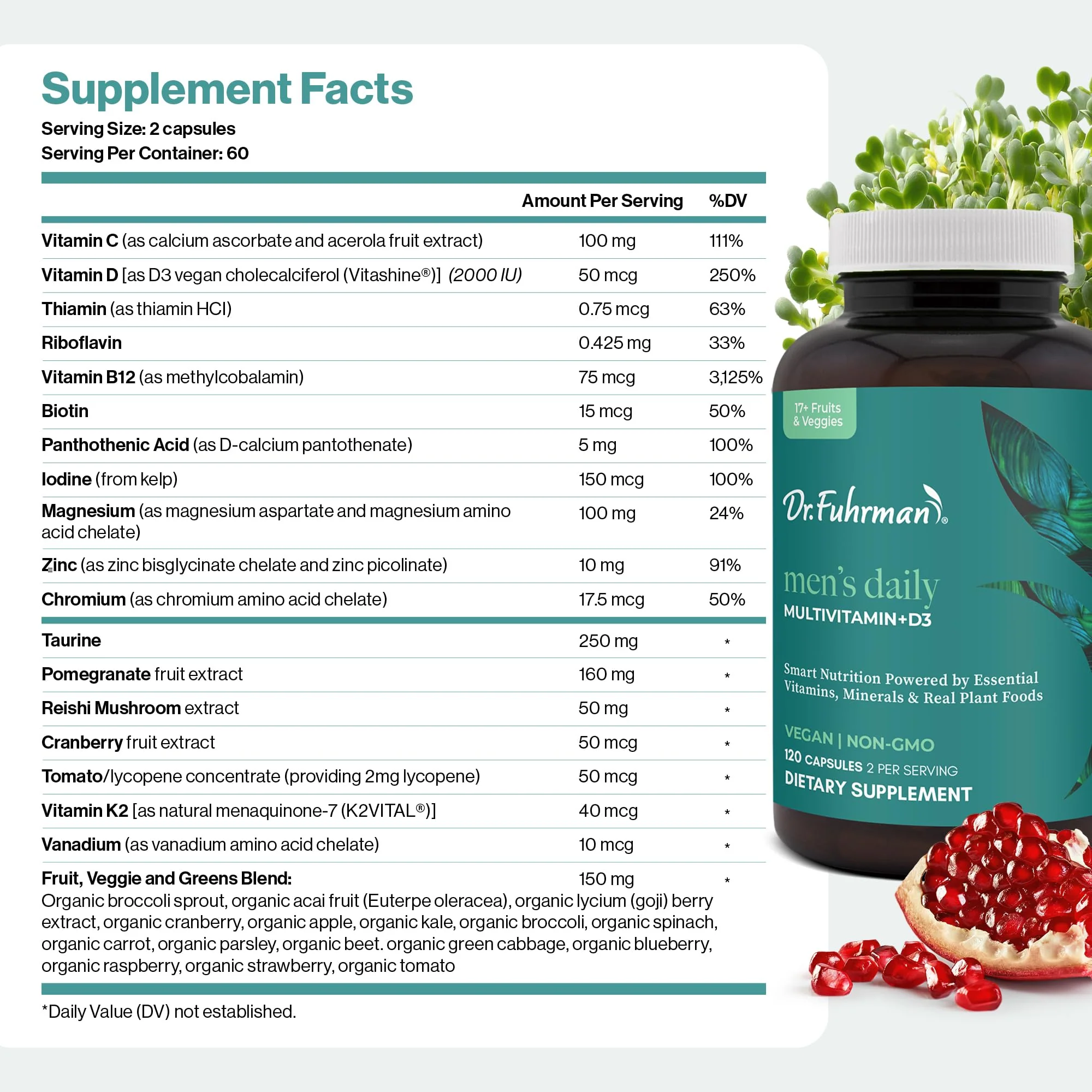 Dr. Fuhrman 2 Month Supply Multivitamin for Men + D3 Vitamin for Immune Support | Vegan Formula Womens Multivitamin with B12 & Zinc | Whole Food multivitamin with 17 Fruits & Veggies - Image 4