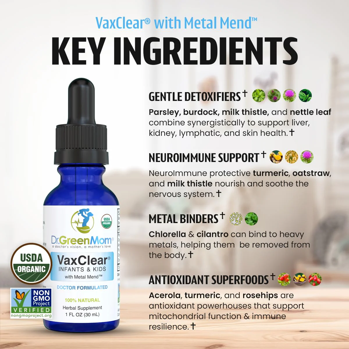 Dr. Green Mom Organic VaxClear with Metal Mend, Herbal Heavy Metal Detox Drops for Kids and Infants with Chlorella, Turmeric, Cilantro and Milk Thistle to Cleanse and Support Immune Response - Image 5