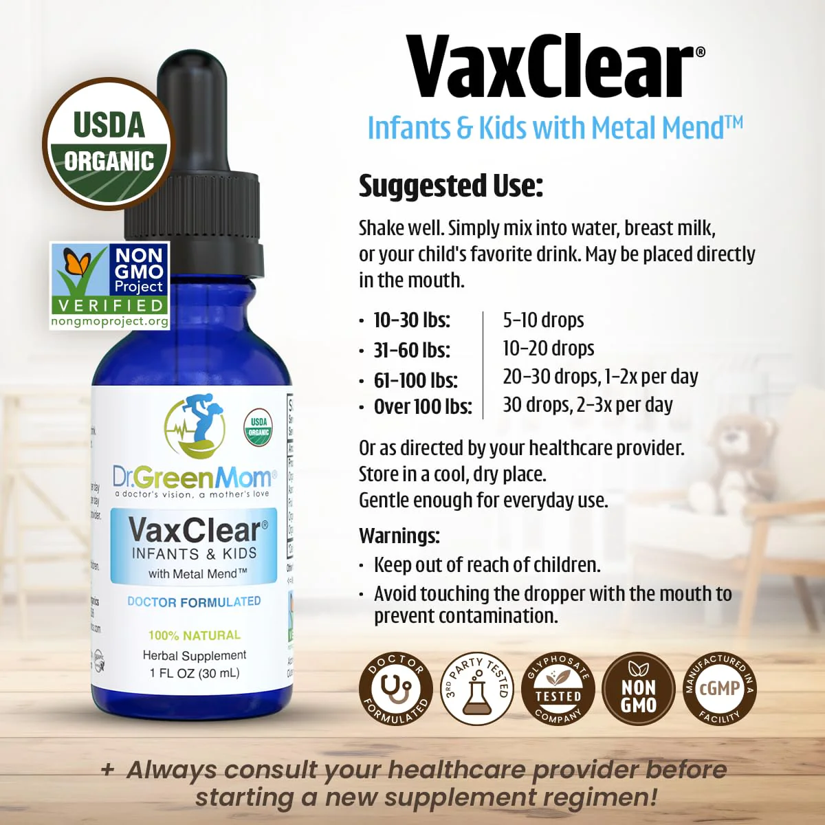 Dr. Green Mom Organic VaxClear with Metal Mend, Herbal Heavy Metal Detox Drops for Kids and Infants with Chlorella, Turmeric, Cilantro and Milk Thistle to Cleanse and Support Immune Response - Image 6