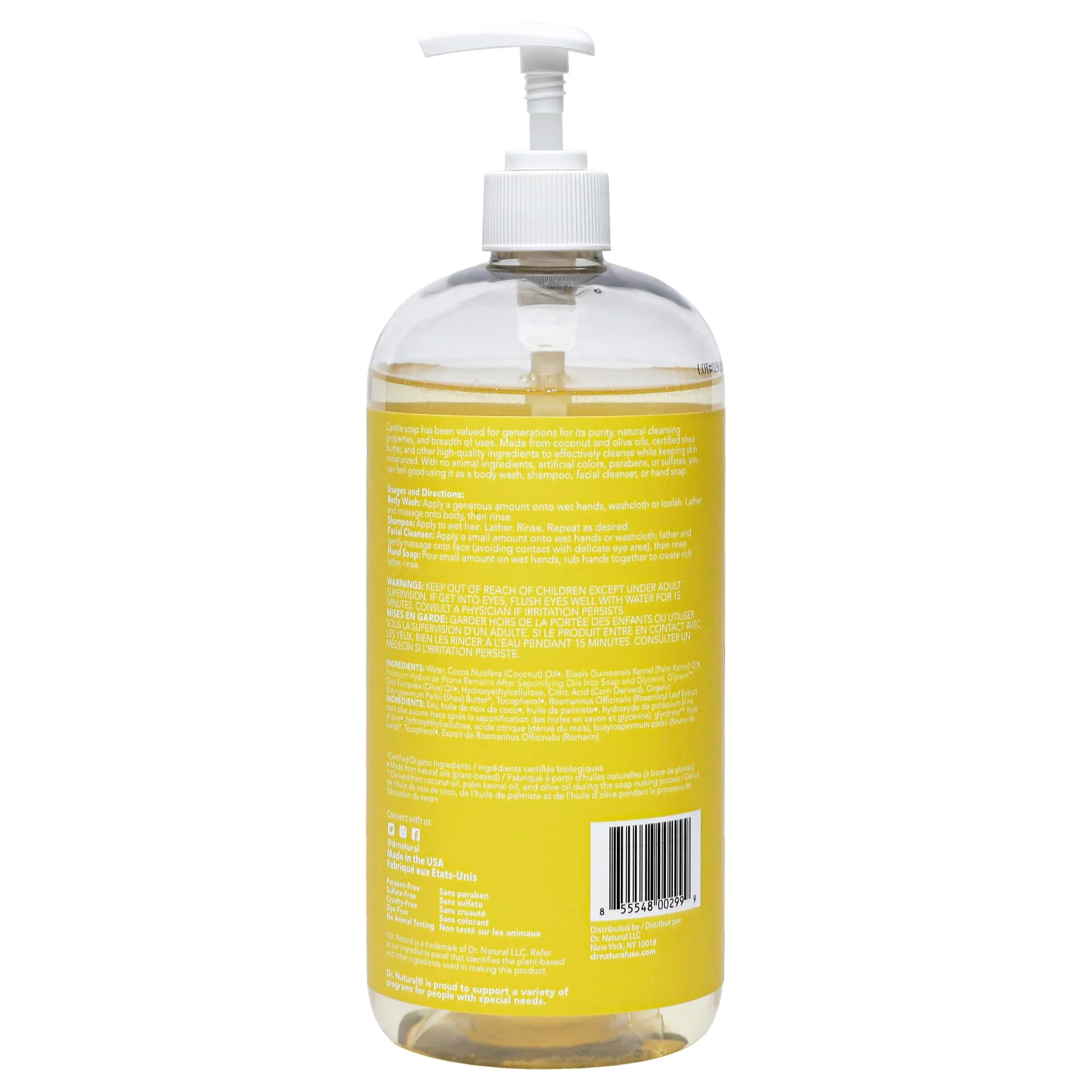 Dr. Natural Castile Liquid Soap - Multi-Use Body Wash, Shampoo and Face Wash - Body Soap for Skin, Hair, Pets and Home - Unscented Baby - 32 oz - Image 2