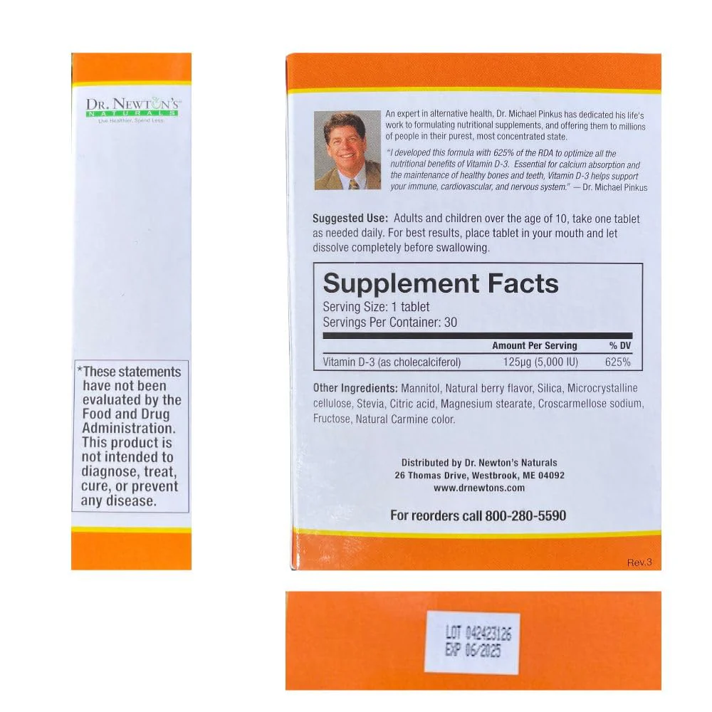 Dr. Newton's Naturals Vitamin D3 Fast-Melting Tablets - 5000 IU (125 mcg) Helps Maintain Healthy Bones and Immune Support - 30 Tablets - Ultimate Absorption – High Potency-Manufactured in USA - Image 7