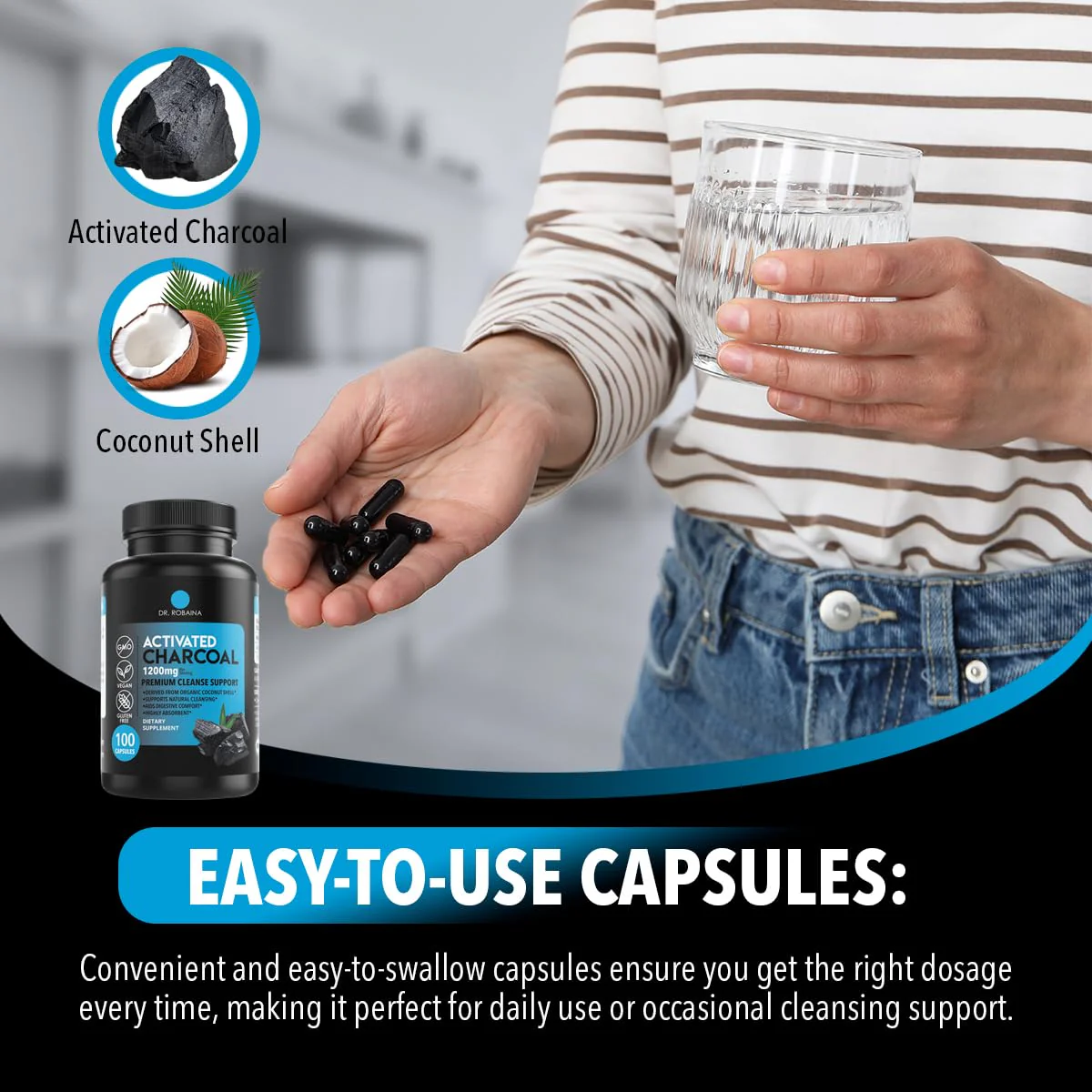 Dr. Robaina Activated Charcoal Capsules 1200 mg – Coconut-Shell Carbon for Gas & Bloating Relief, Digestive Comfort & Next-Morning Support – Vegan • Non-GMO – 100 Count, USA Made - Image 6