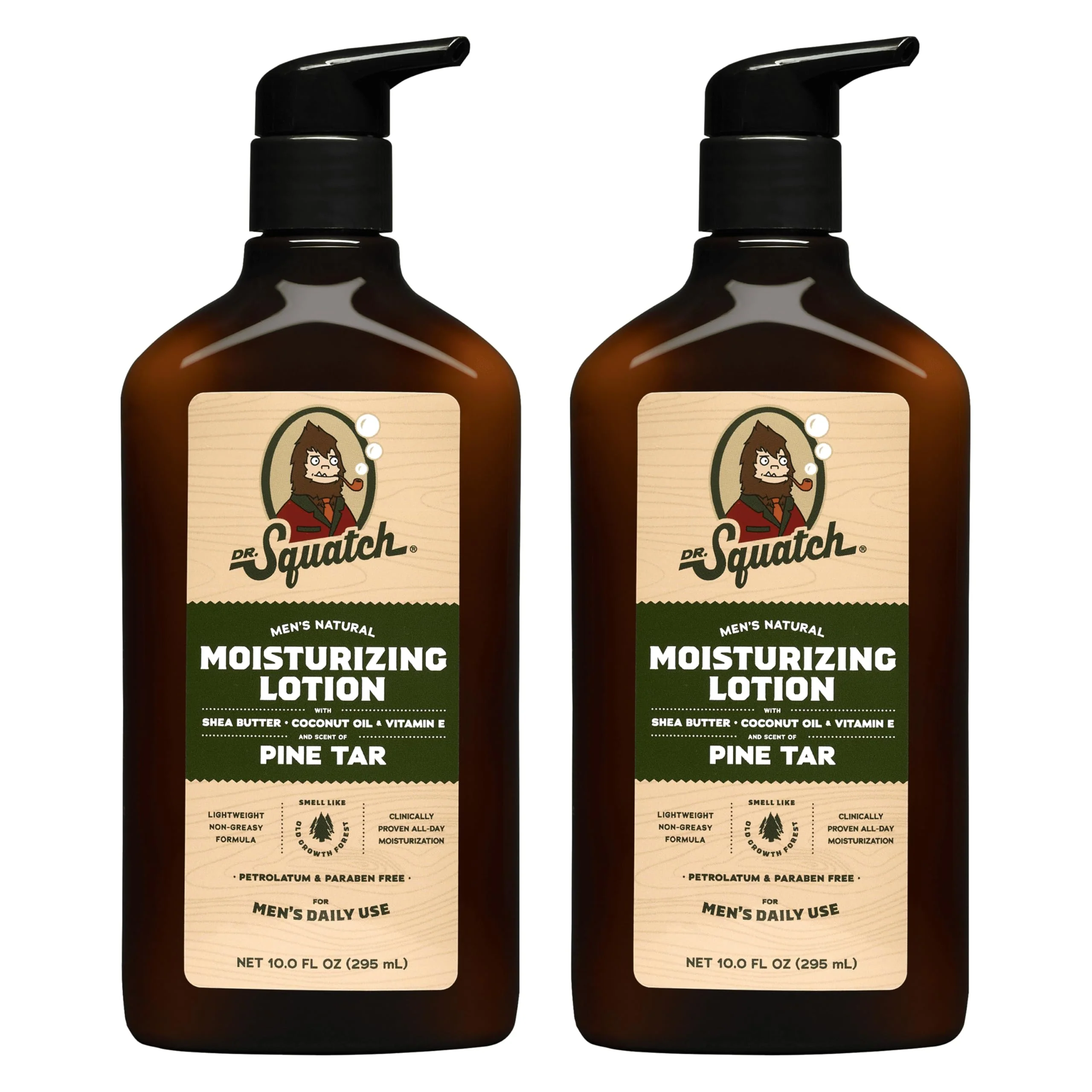 Dr. Squatch Natural Hand and Body Lotion for Men - Made with Shea Butter, Coconut Oil, Vitamin E for 24-Hr Moisturization - Pine Tar (10 fl oz, 2-Pack)