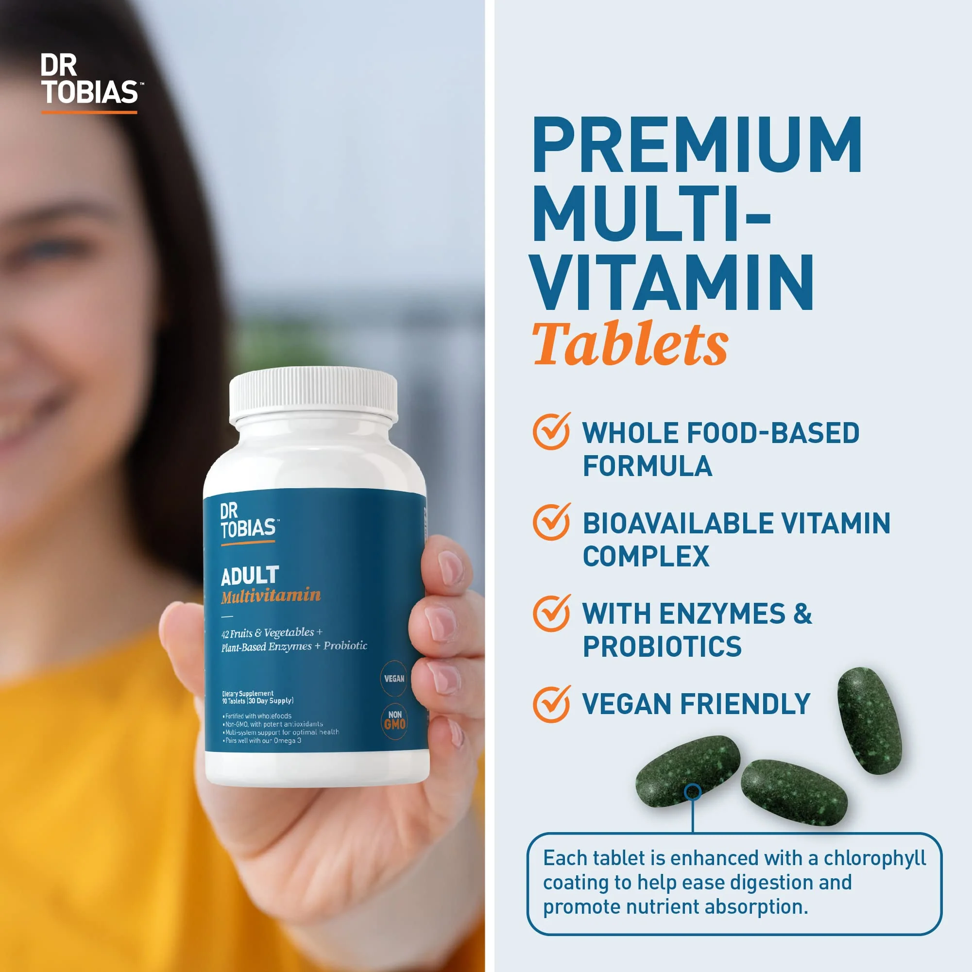 Dr. Tobias Adult Multivitamin for Women & Men, Immune Supporting Vitamins from 42 Fruits, Vegetables, Plus Probiotics, Vegan Multivitamins for Men & Women, Non-GMO, 180 Tablets, 60 Servings - Image 5